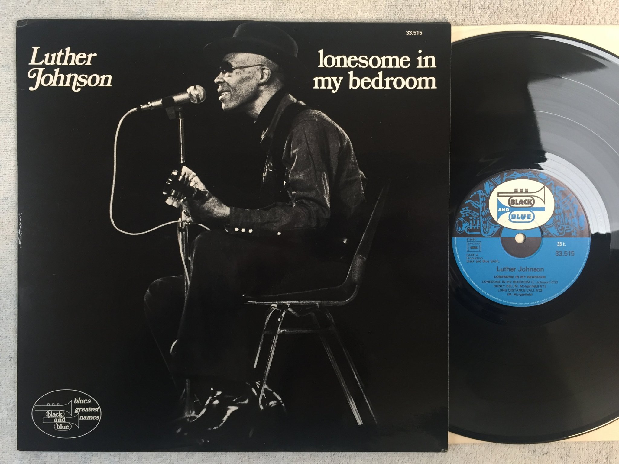 Omslagsbild för skivan LUTHER JOHNSON lonesome in my bedroom LP -77 Fra BLACK AND BLUE 33.515