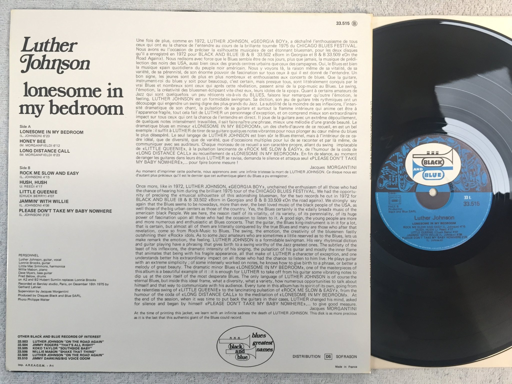 Omslagsbild för skivan LUTHER JOHNSON lonesome in my bedroom LP -77 Fra BLACK AND BLUE 33.515
