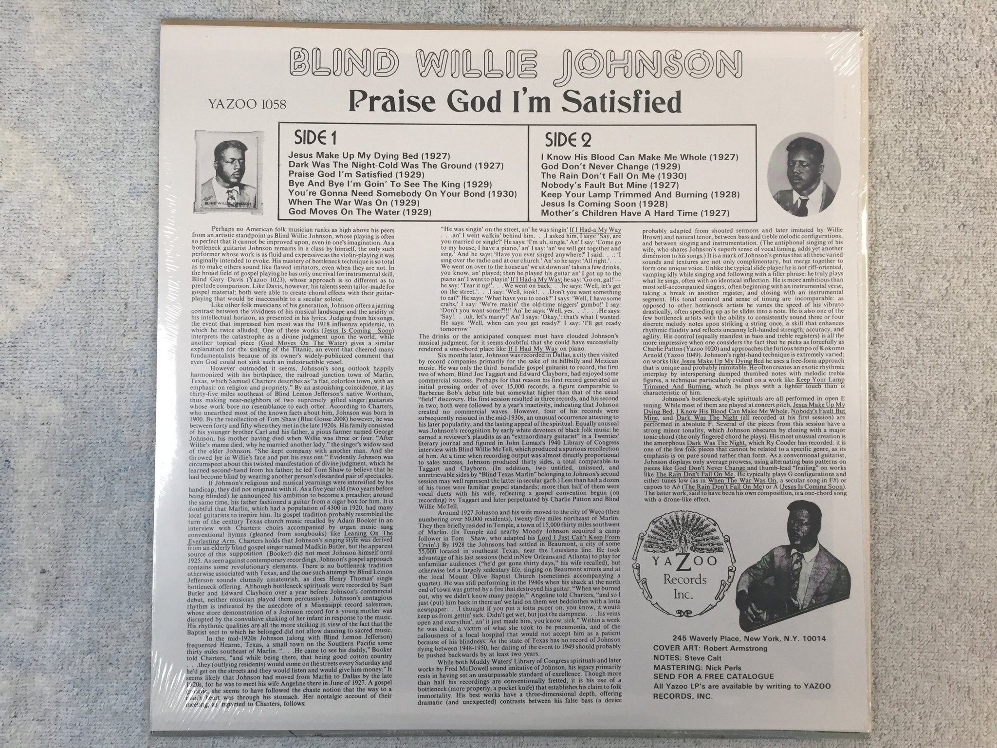 Omslagsbild för skivan BLIND WILLIE JOHNSON praise god I'm satisfied LP US YAZOO L-1058 Sealed