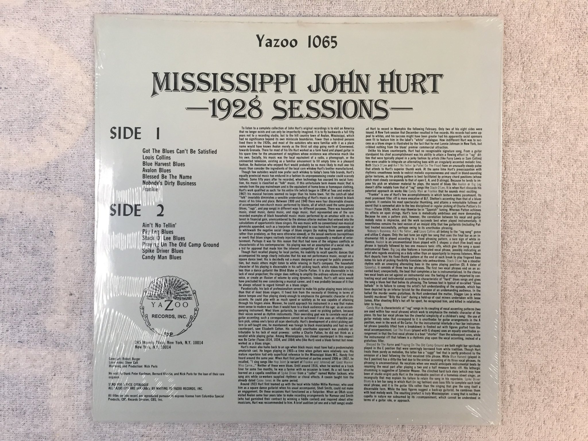 Omslagsbild för skivan MISSISSIPPI JOHN HURT 1928 sessions LP US YAZOO 1065 Sealed