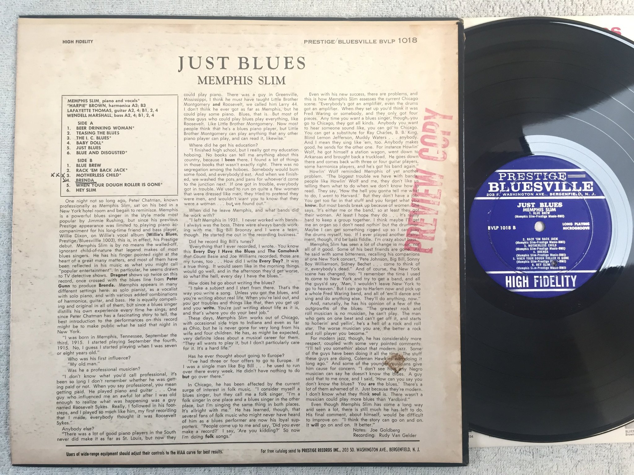 Omslagsbild för skivan MEMPHIS SLIM just blues LP -61 US PRESTIGE BLUESVILLE BVLP 1018 