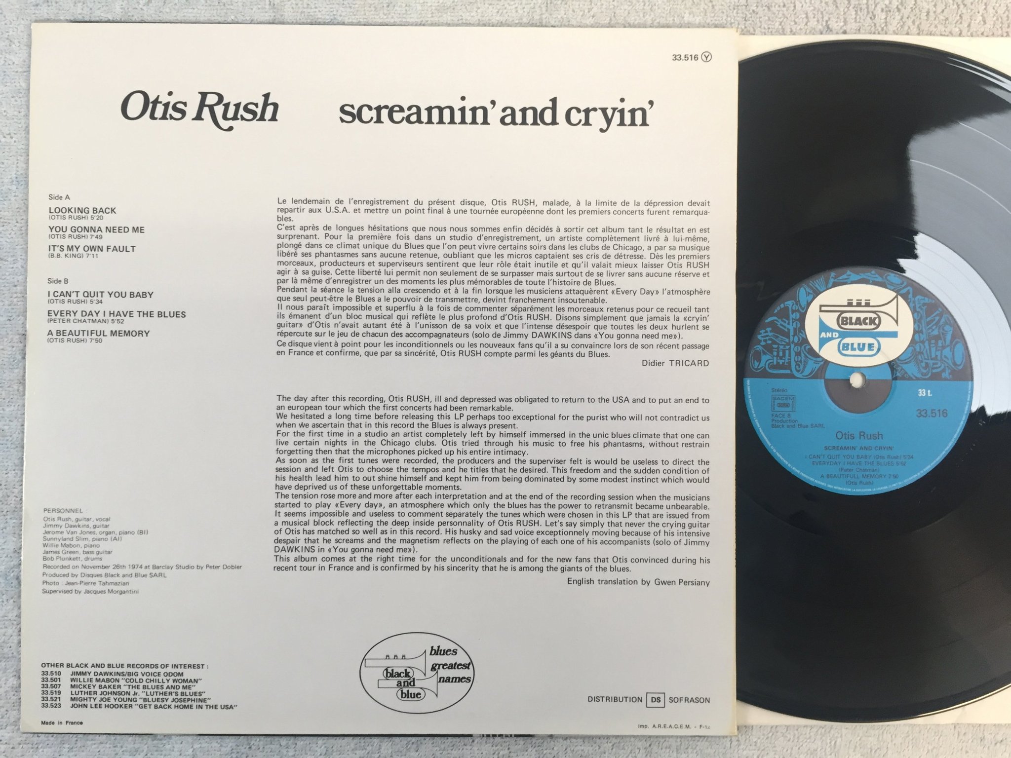 Omslagsbild för skivan OTIS RUSH screamin and cryin LP -77 Fra BLACK AND BLUE 33.516