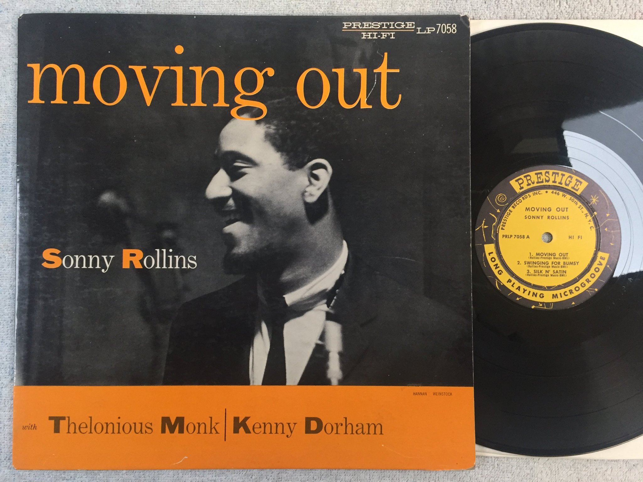 Omslagsbild för skivan SONNY ROLLINS moving out LP -56 US PRESTIGE PRLP 7058 446w 50th st N.Y.C. 