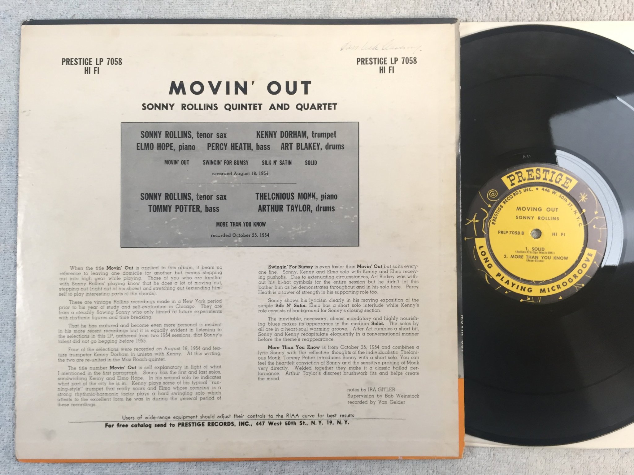 Omslagsbild för skivan SONNY ROLLINS moving out LP -56 US PRESTIGE PRLP 7058 446w 50th st N.Y.C. 