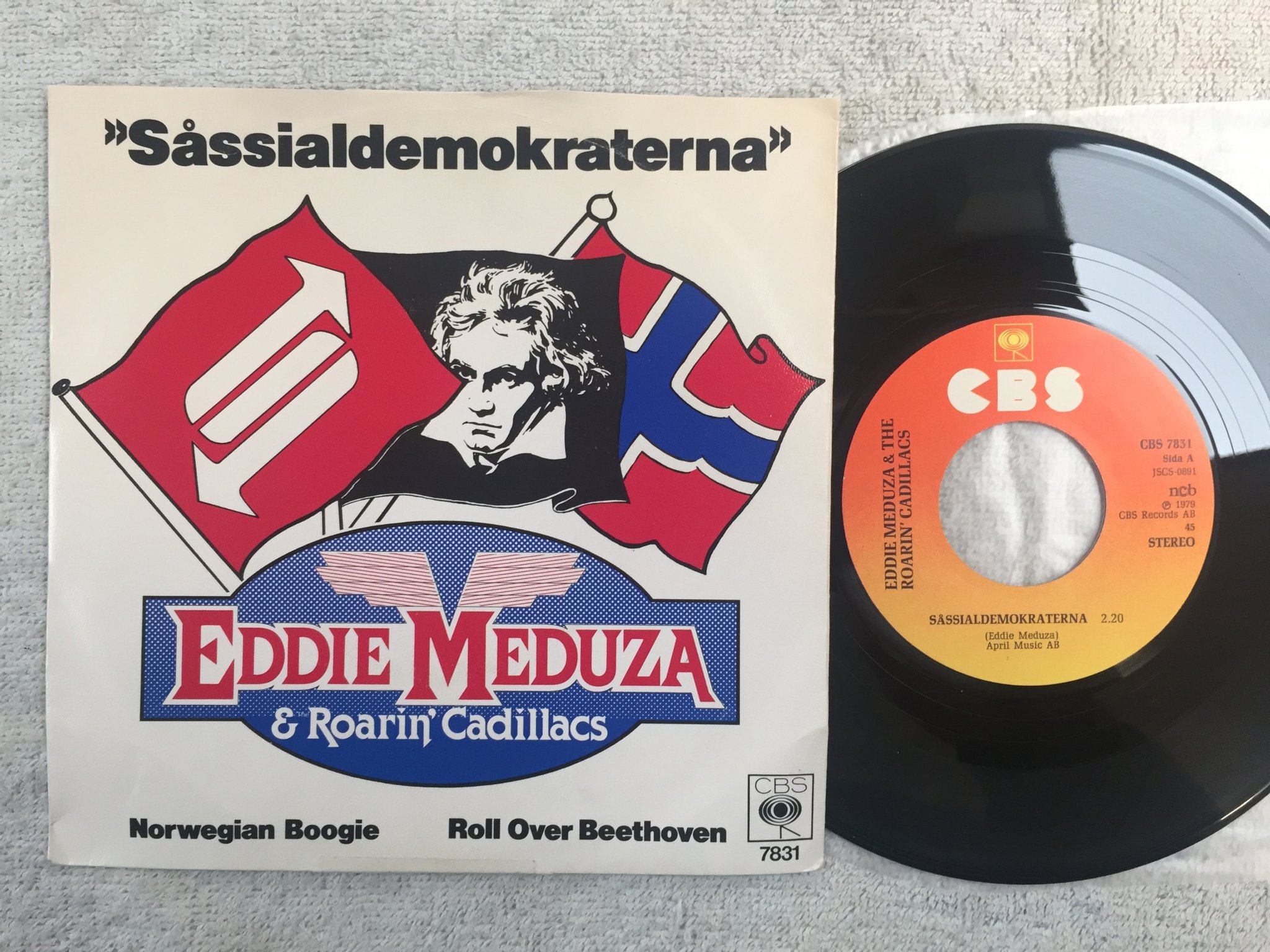 Omslagsbild för skivan EDDIE MEDUZA & THE RARIN' CADILLACS såssialdemokraterna 7" -79 Swe CBS 7831 