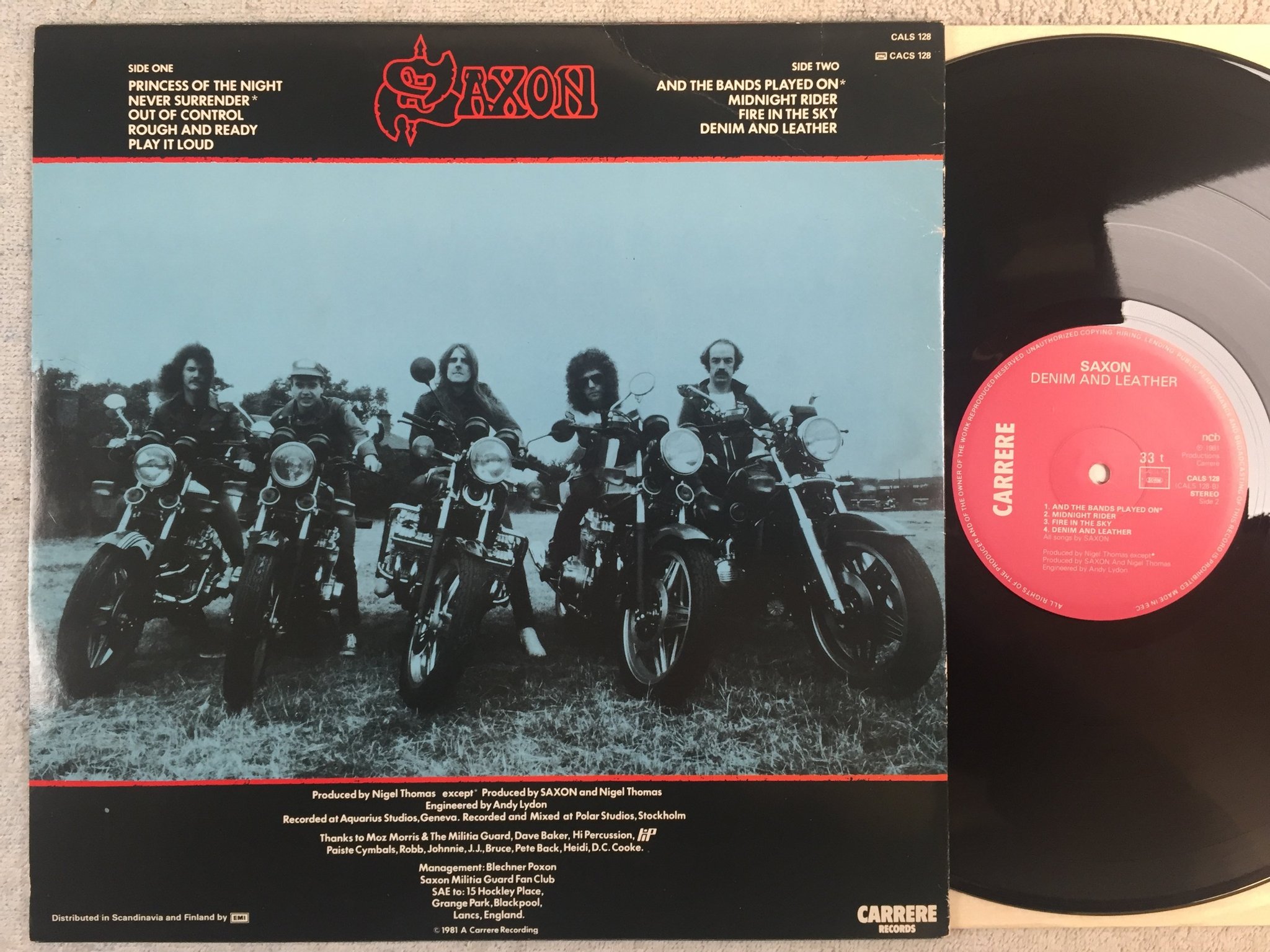 Omslagsbild för skivan SAXON denim and leather LP -81 ncb CARRERE CALS 128