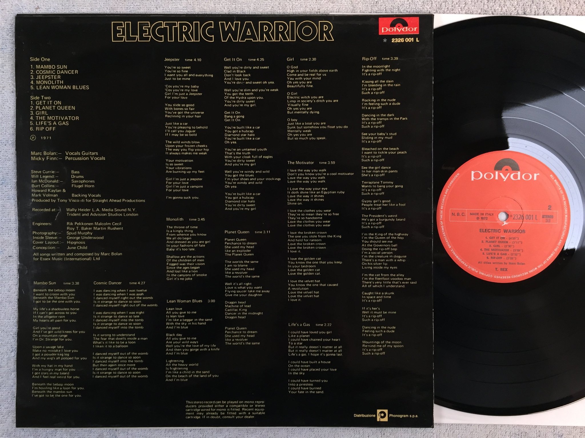 Omslagsbild för skivan T REX electric warrior LP -72 Ita POLYDOR 2326001 L