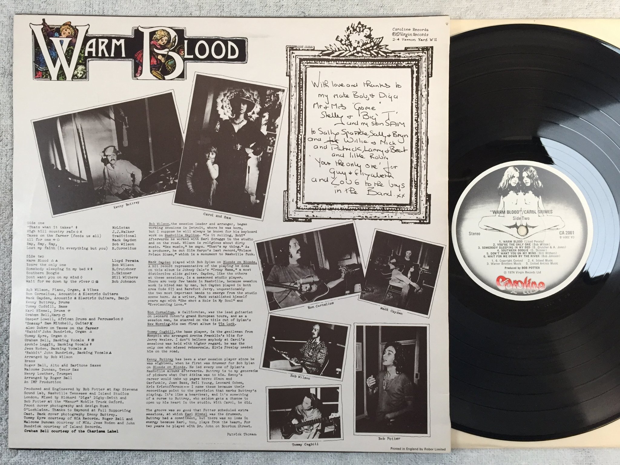 Omslagsbild för skivan CAROL GRIMES warm blood LP -74 UK CAROLINE CA 2001 country rock