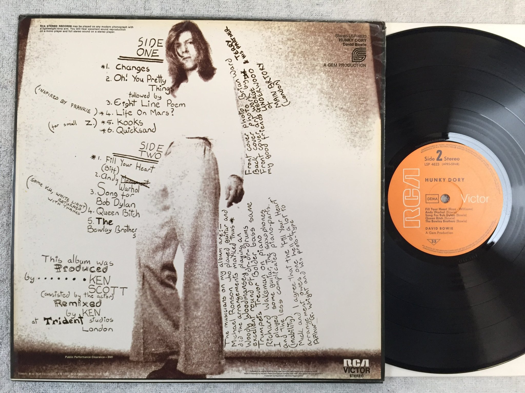 Omslagsbild för skivan DAVID BOWIE hunky dory LP Ger RCA LSP 4623 fully laminated cover