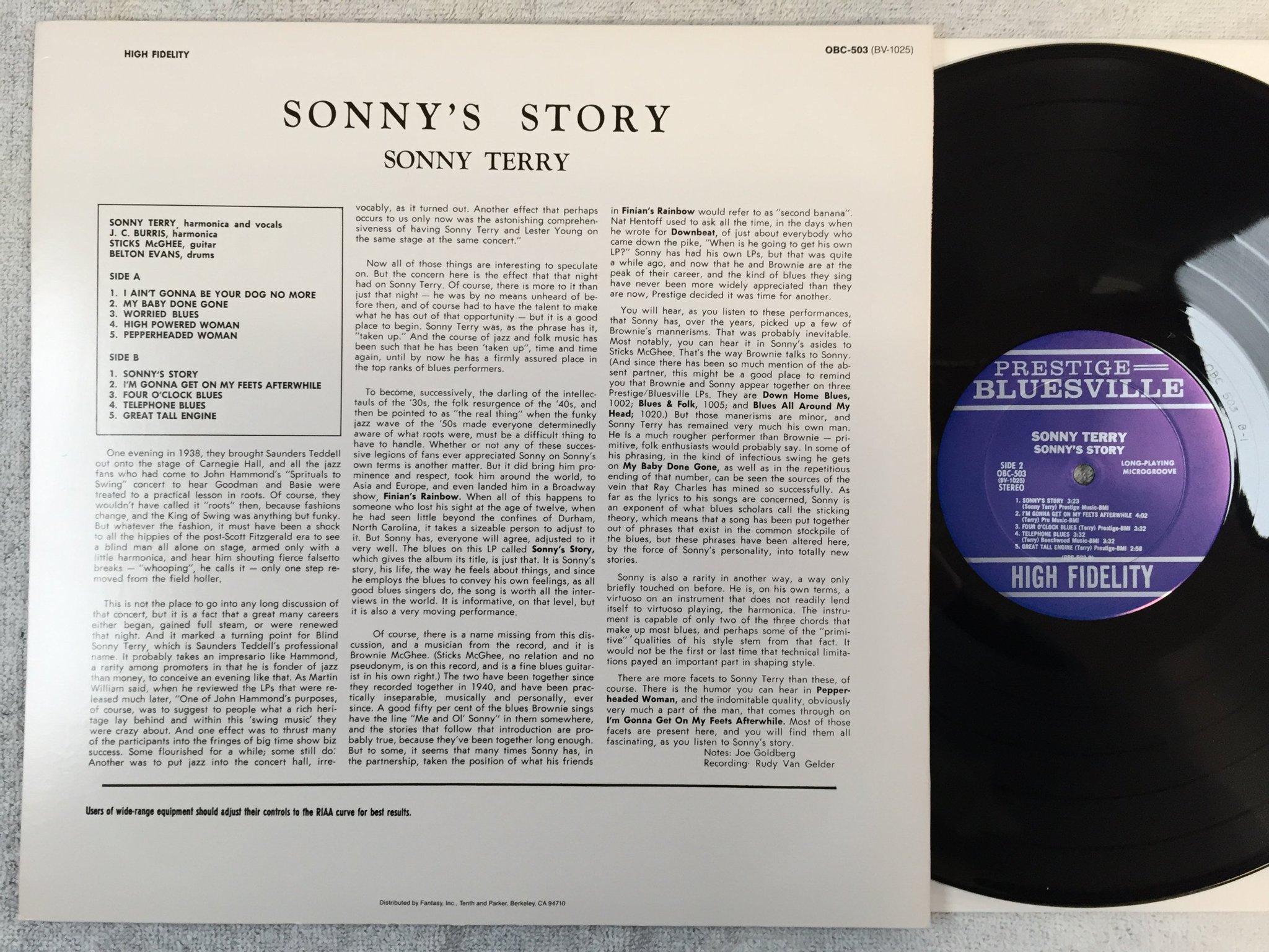 Omslagsbild för skivan SONNY TERRY Sonny's story LP re US PRESTIGE OBC 503
