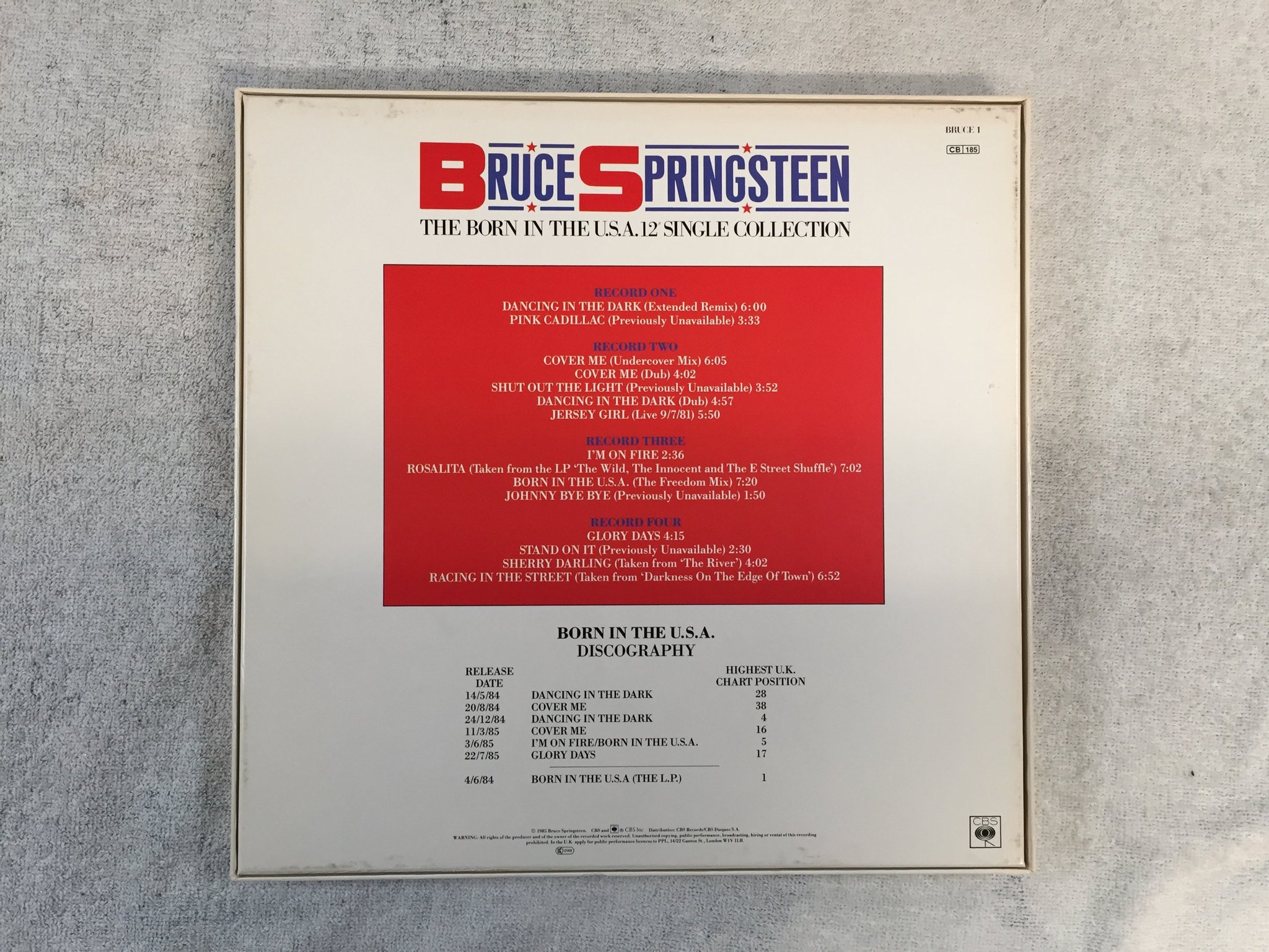Omslagsbild för skivan BRUCE SPRINGSTEEN The Born In The U.S.A. 4x12" Single Collection + 7"single BOX