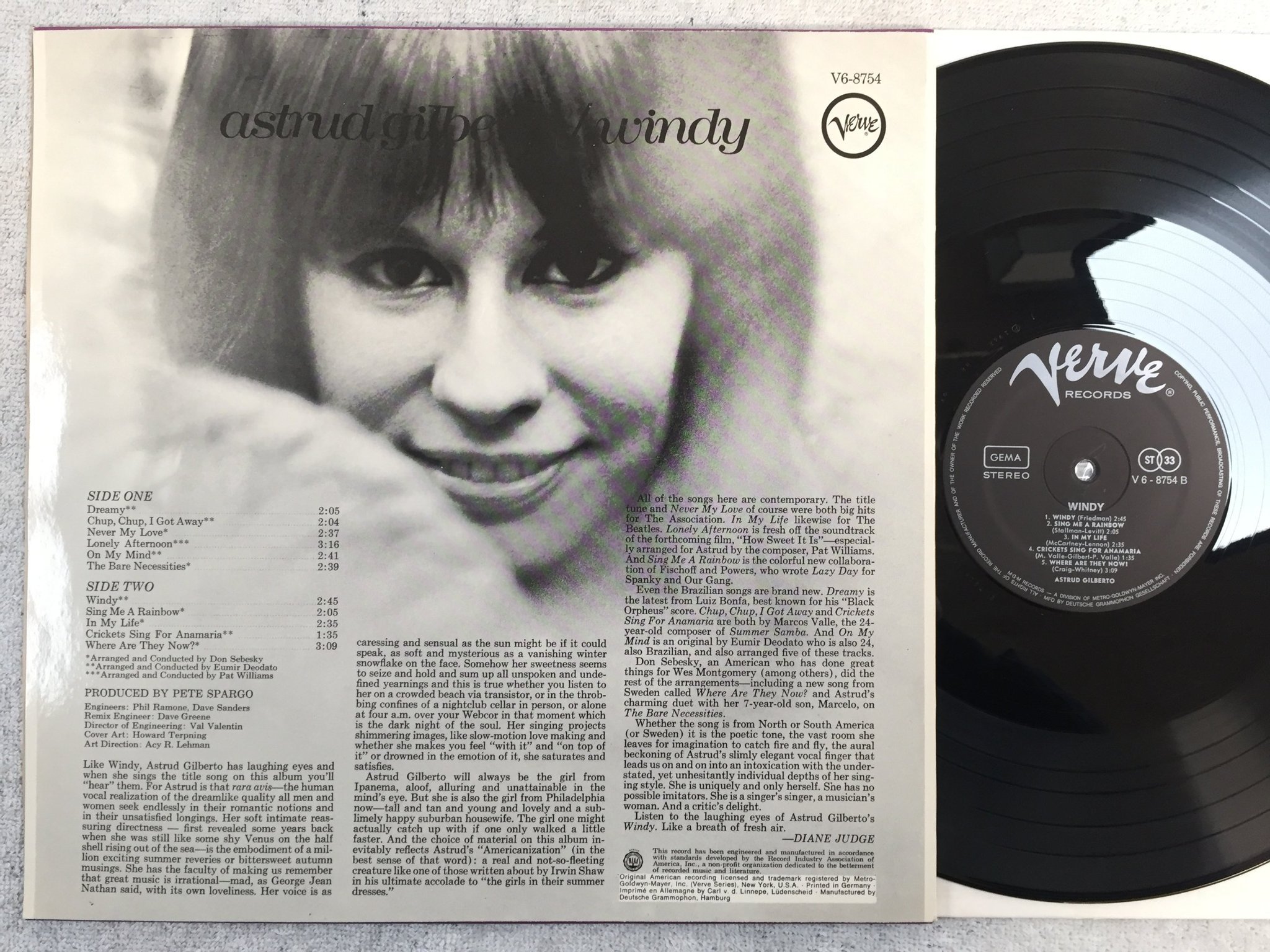 Omslagsbild för skivan ASTRUD GILBERTO windy LP -68 Ger VERVE V6-8754 nice!