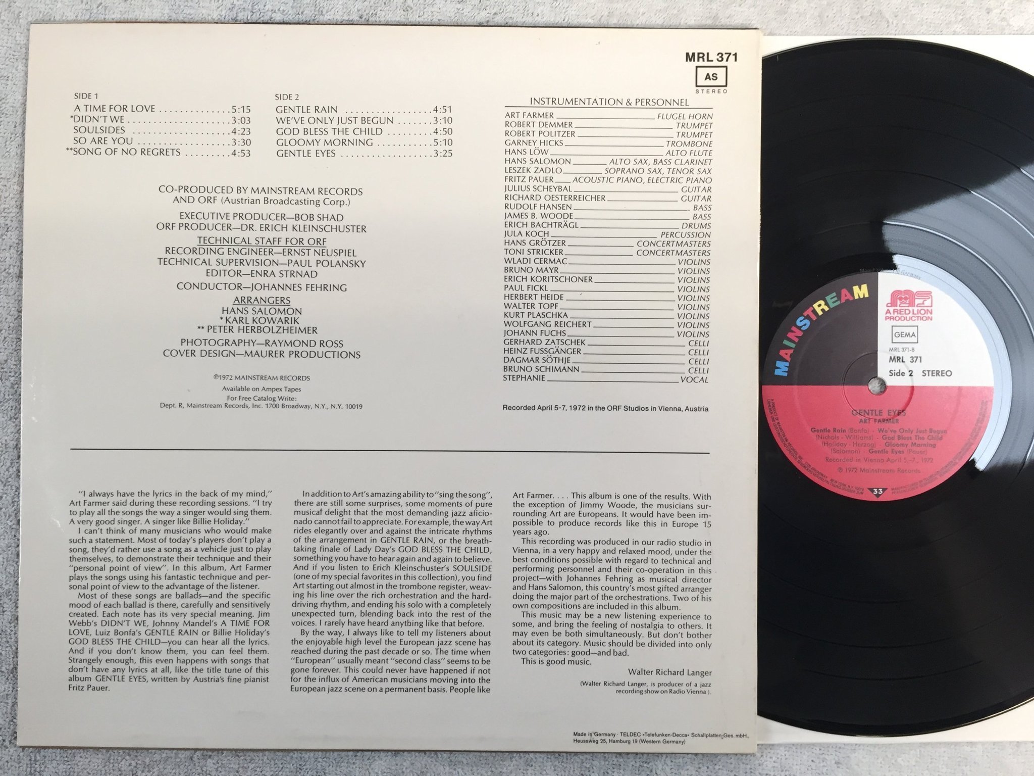 Omslagsbild för skivan ART FARMER gentle eyes LP -72 Ger MAINSTRAM MRL 371