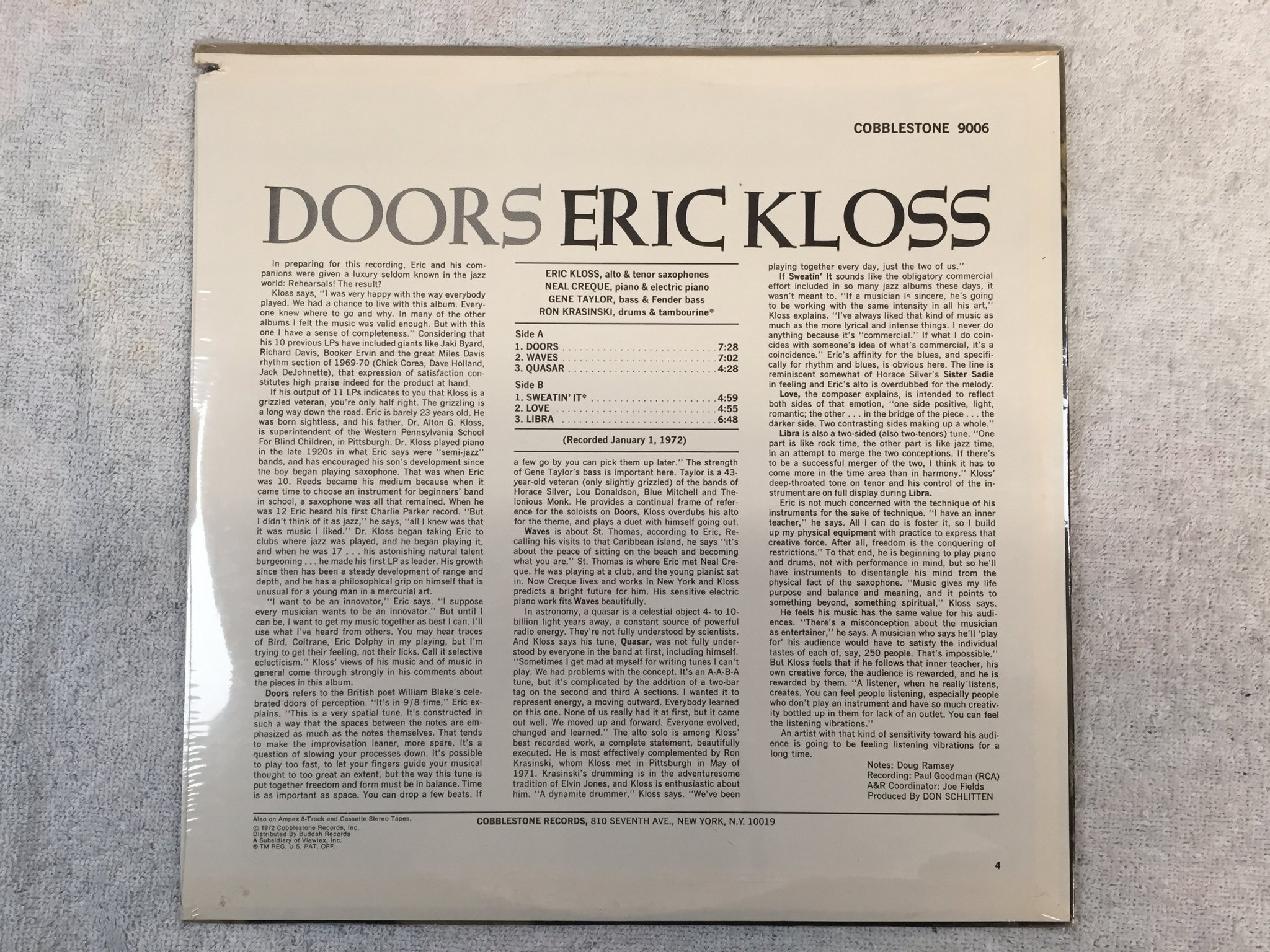 Omslagsbild för skivan ERIC KLOSS doors LP -72 US COBBLESTONE 9006 still sealed