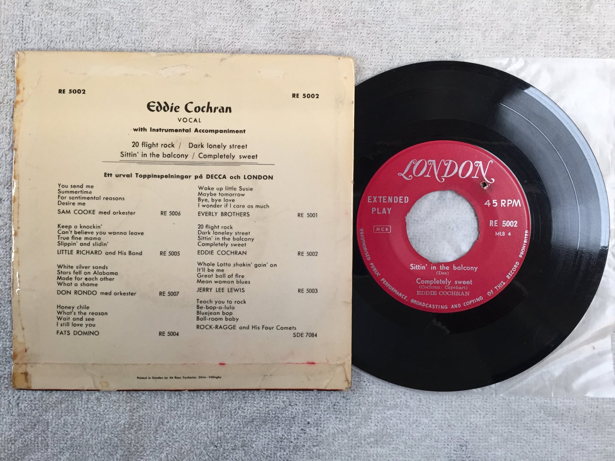 Omslagsbild för skivan Eddie Cochran 20 flight rock 7"ep Sweden LONDON RE 5002 mega rare