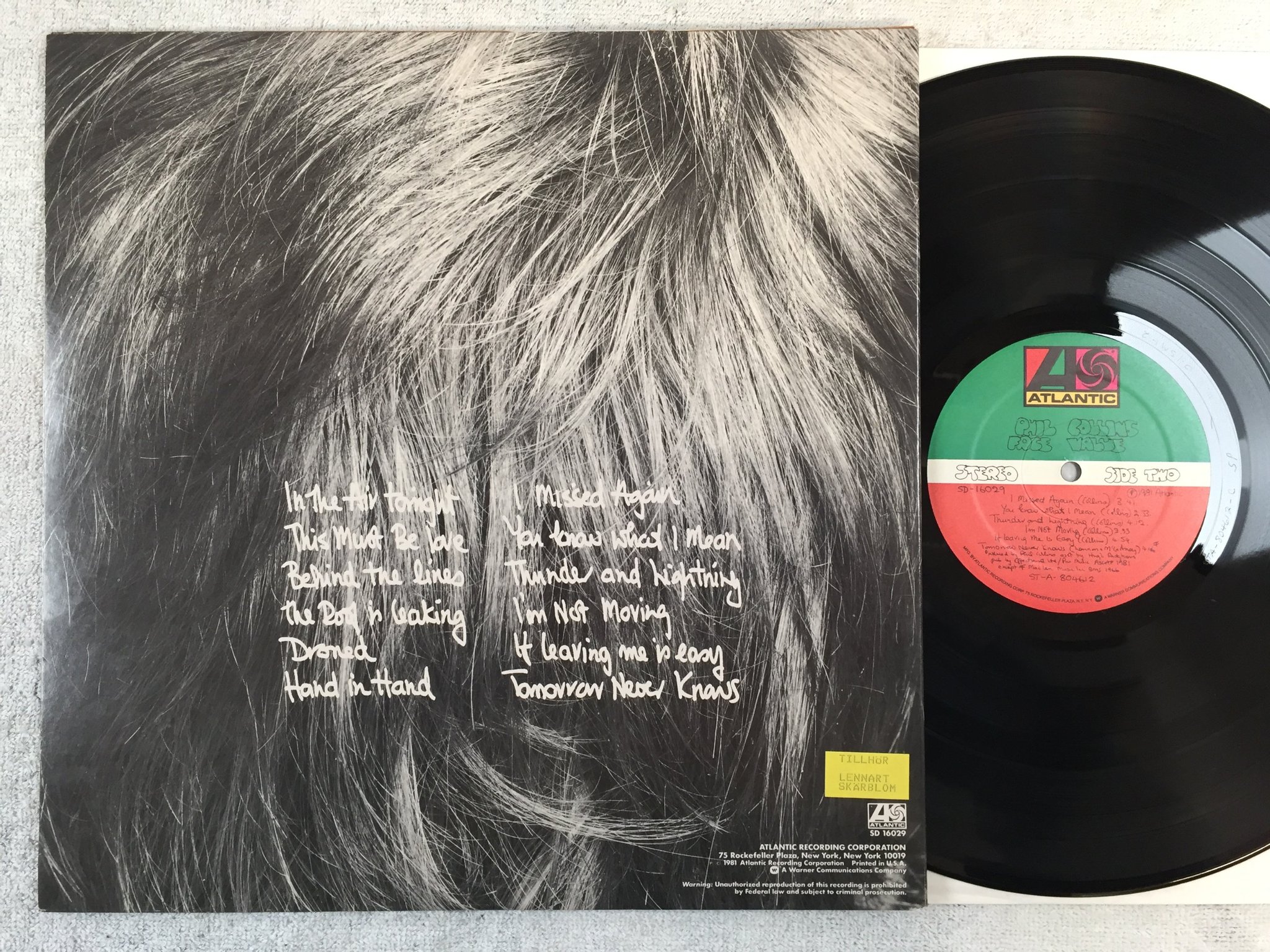 Omslagsbild för skivan PHIL COLLINS face value LP -81 US ATLANTIC SD 16029