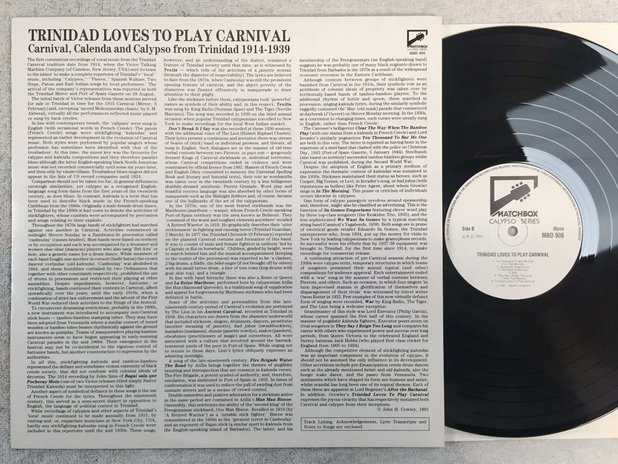 Omslagsbild för skivan V/A Trinidad Loves To Play Carnival 1914-1939 LP -91 UK matchbox mbd 906
