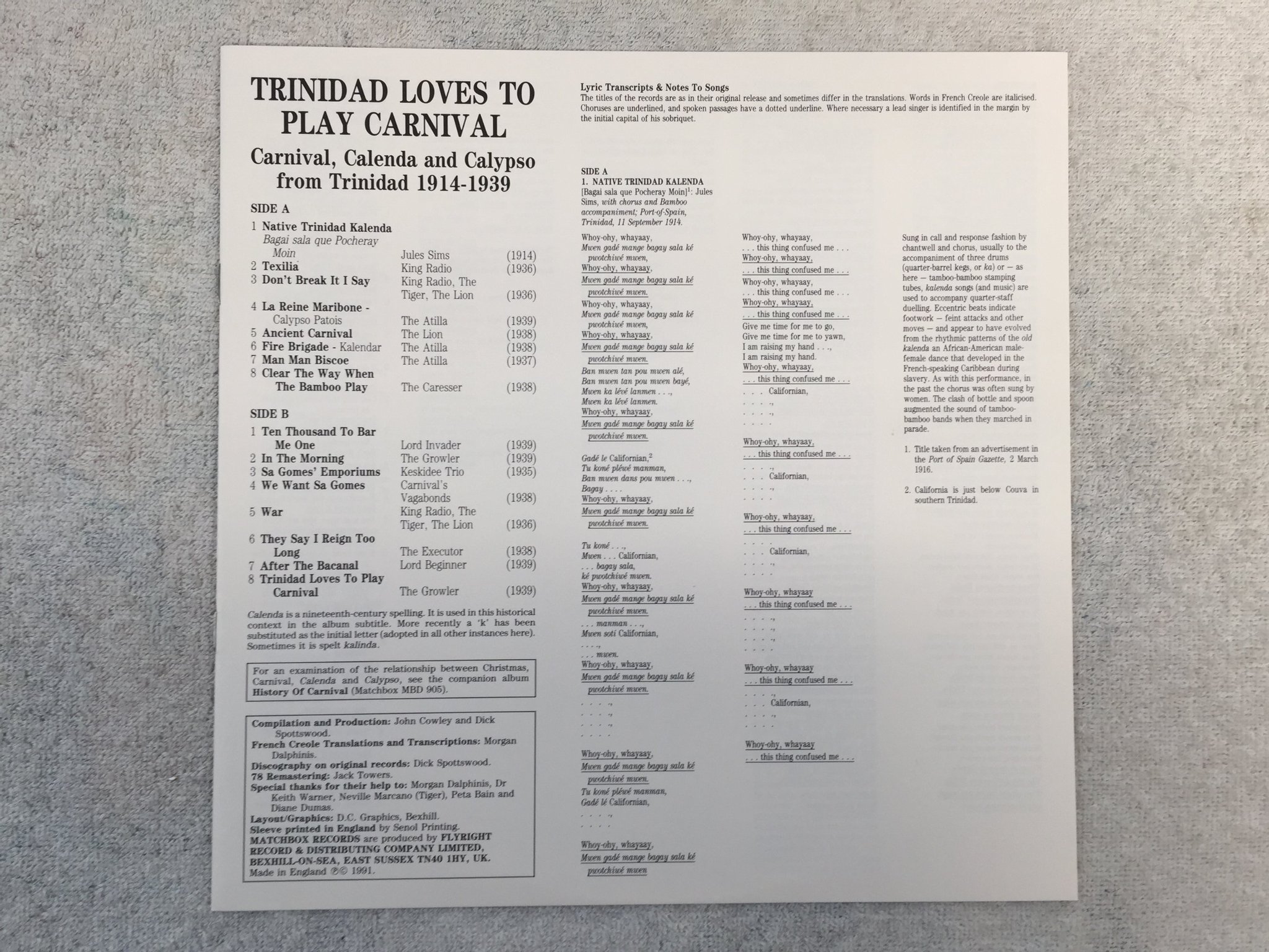 Omslagsbild för skivan V/A Trinidad Loves To Play Carnival 1914-1939 LP -91 UK matchbox mbd 906