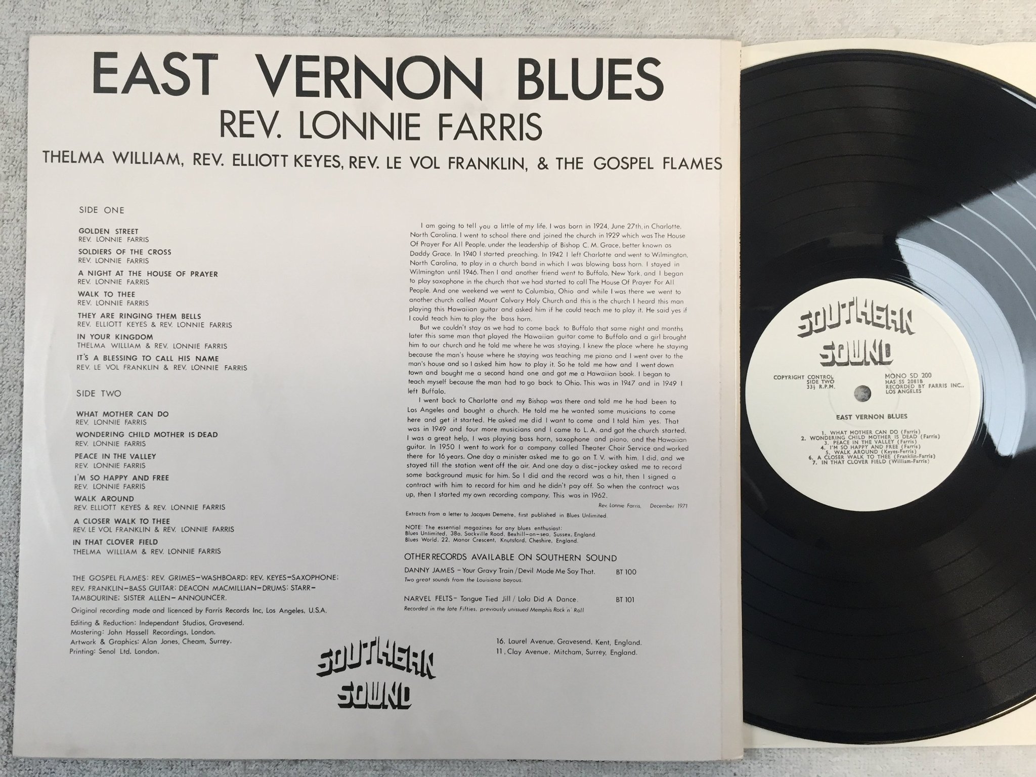 Omslagsbild för skivan REV. LONNIE FARRIS East Vernon Blues LP UK southern sound SD 200 electric blues
