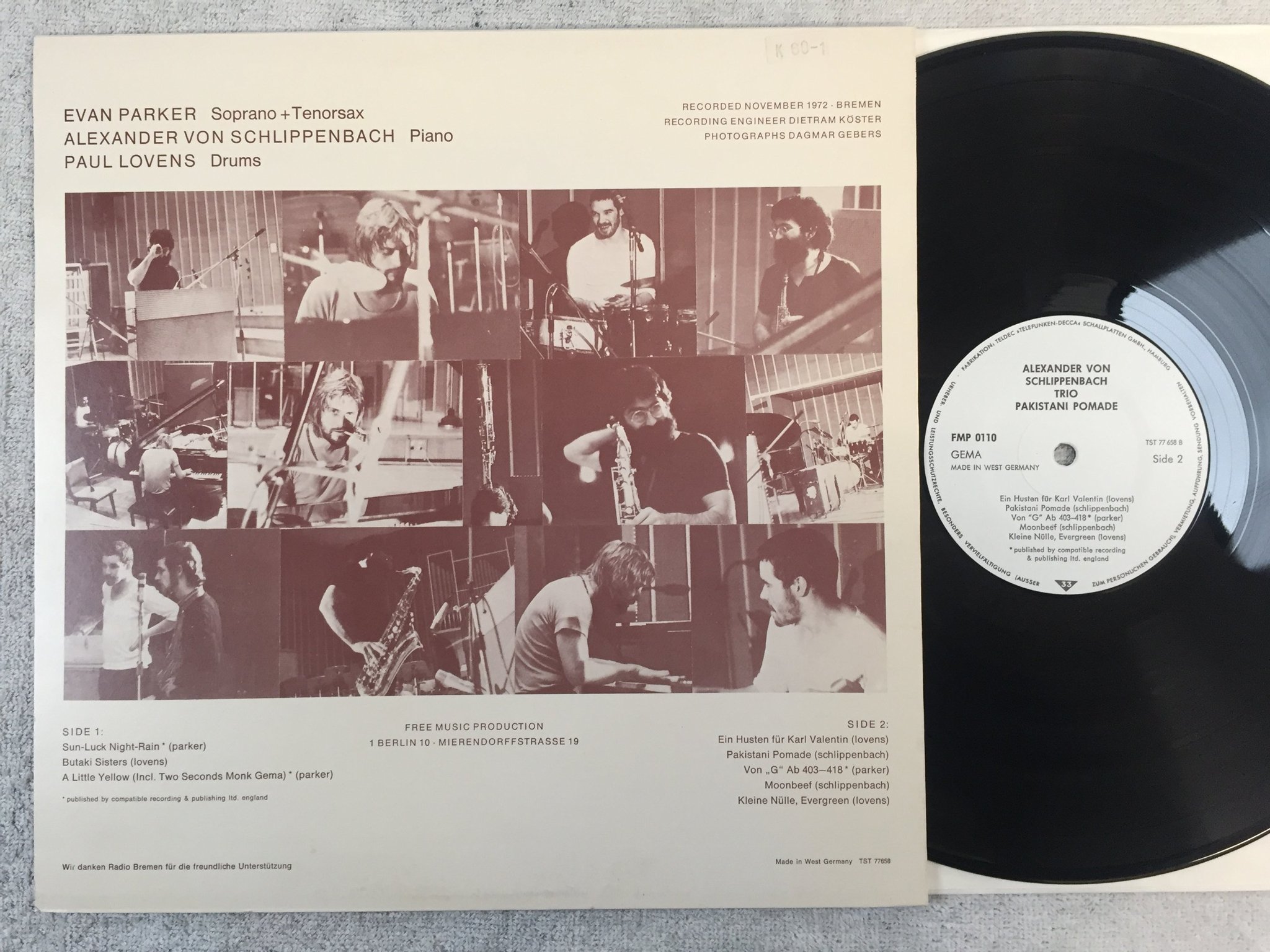 Omslagsbild för skivan ALEXANDER VON SCHLIPPENBACH TRIO pakistani pomade LP -73 Ger FMP 0110 free jazz