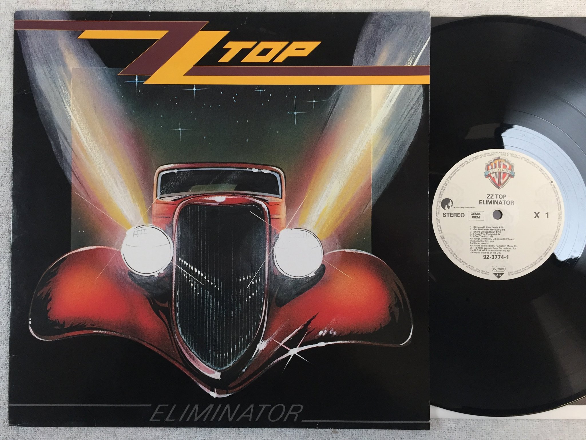 Omslagsbild för skivan ZZ TOP eliminator LP -83 Ger WARNER BROS 92-3774-1