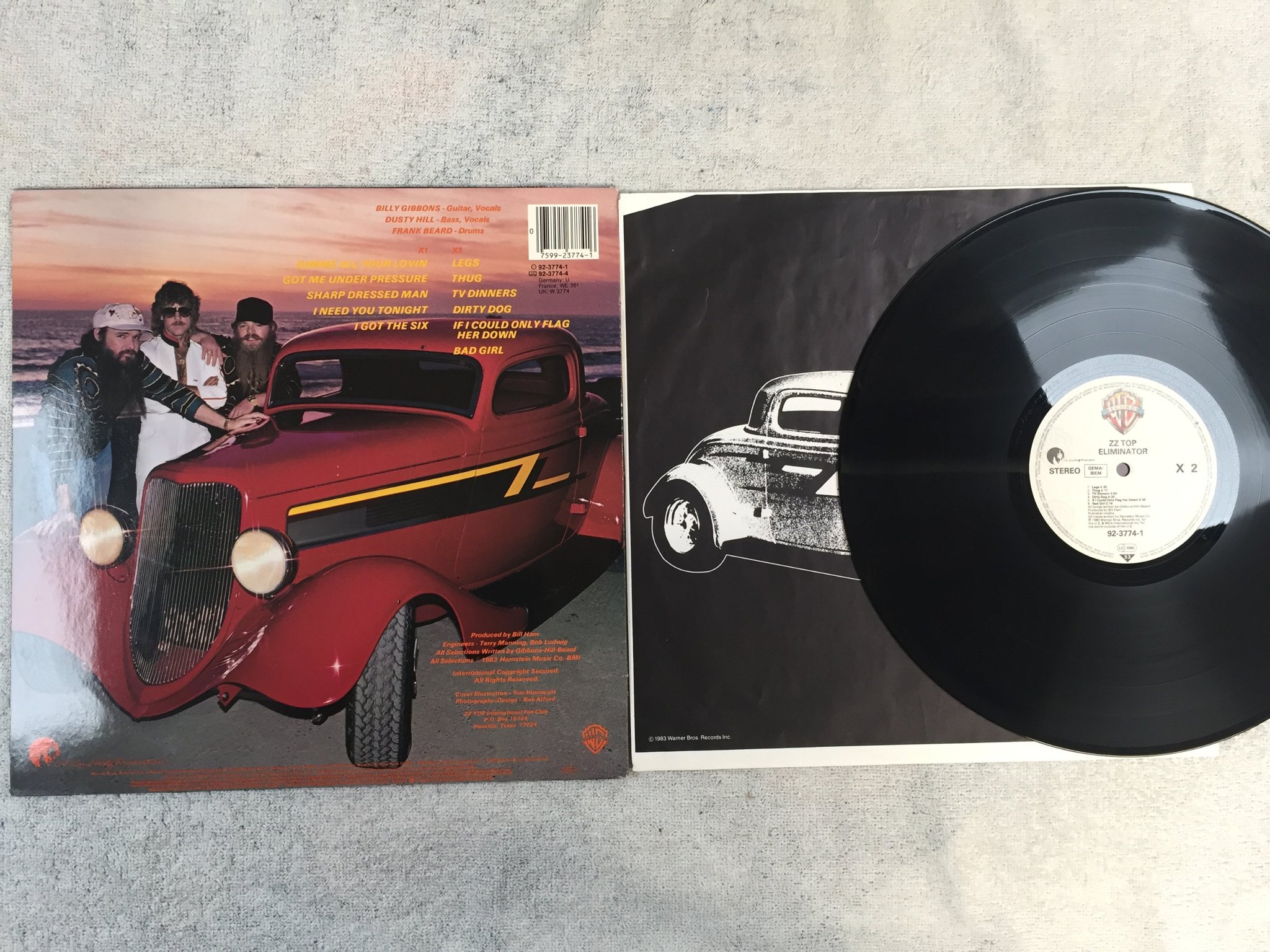 Omslagsbild för skivan ZZ TOP eliminator LP -83 Ger WARNER BROS 92-3774-1