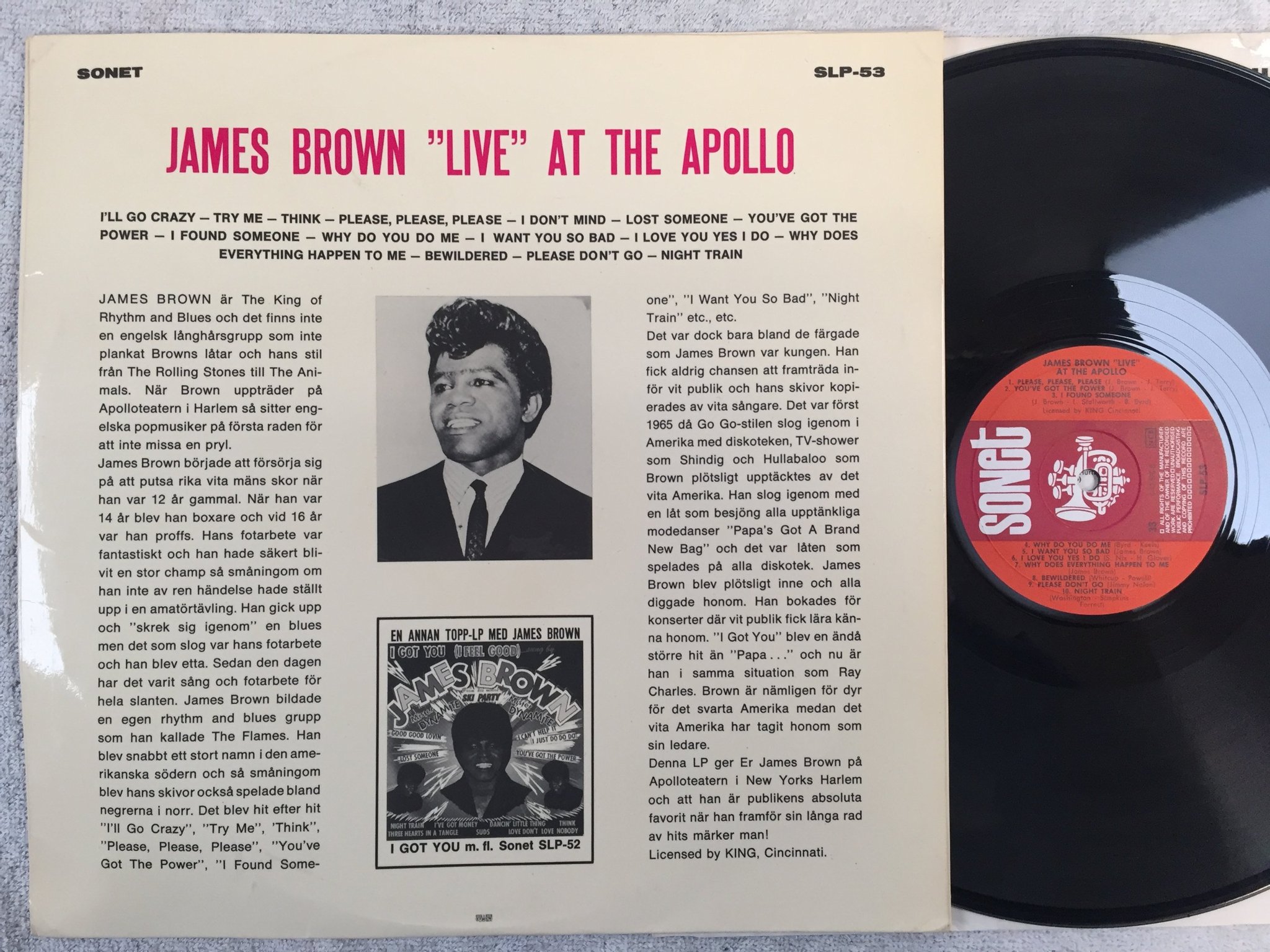 Omslagsbild för skivan JAMES BROWN live at the Apollo LP -66 Swe SONET SLP-53