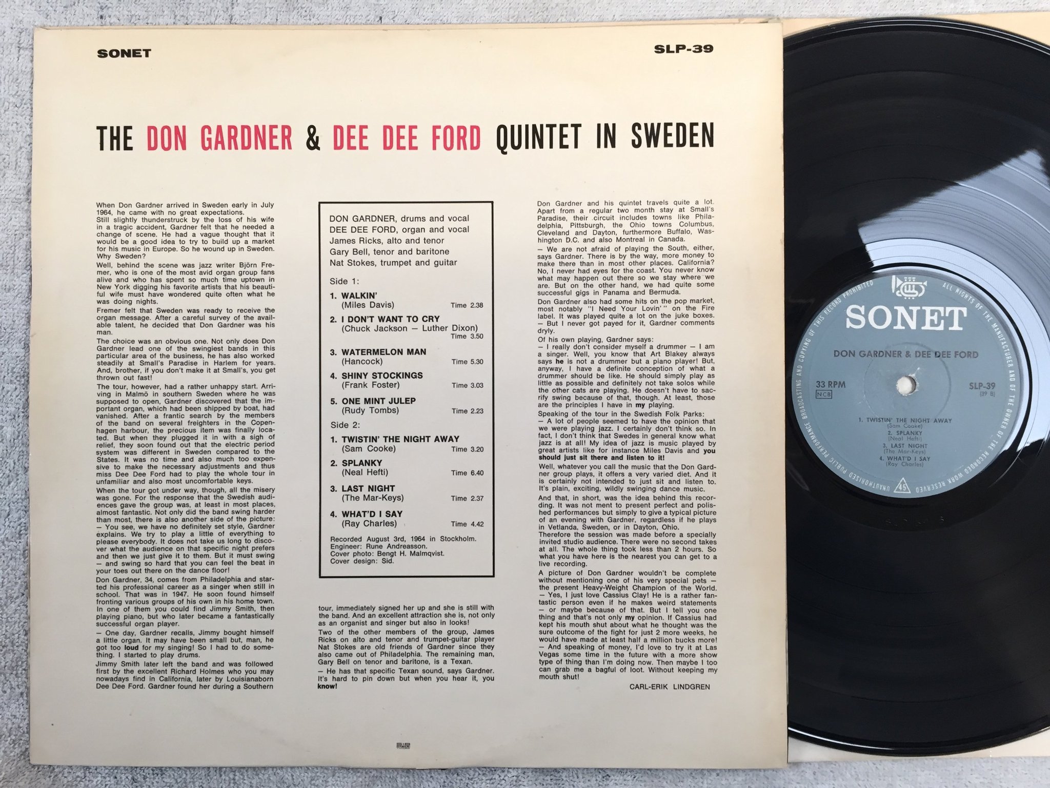 Omslagsbild för skivan the DON GARDER  & DEE DEE FORD quintet  in Sweden LP -64 Swe SONET SLP 39