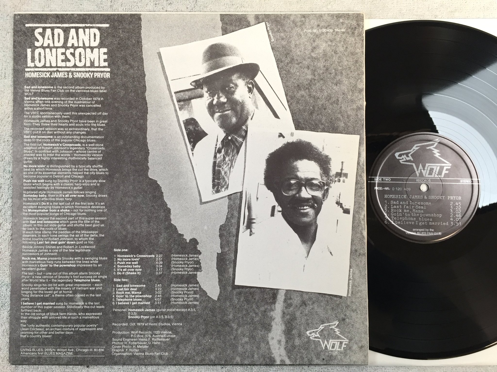 Omslagsbild för skivan HOMESICK JAMES & SNOOKY PRYOR Sad And Lonesome LP -79 Austria WOLF 0120409