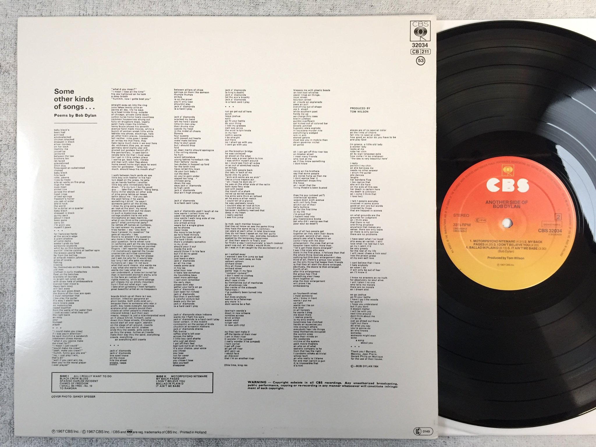 Omslagsbild för skivan BOB DYLAN another side of LP re CBS 32034