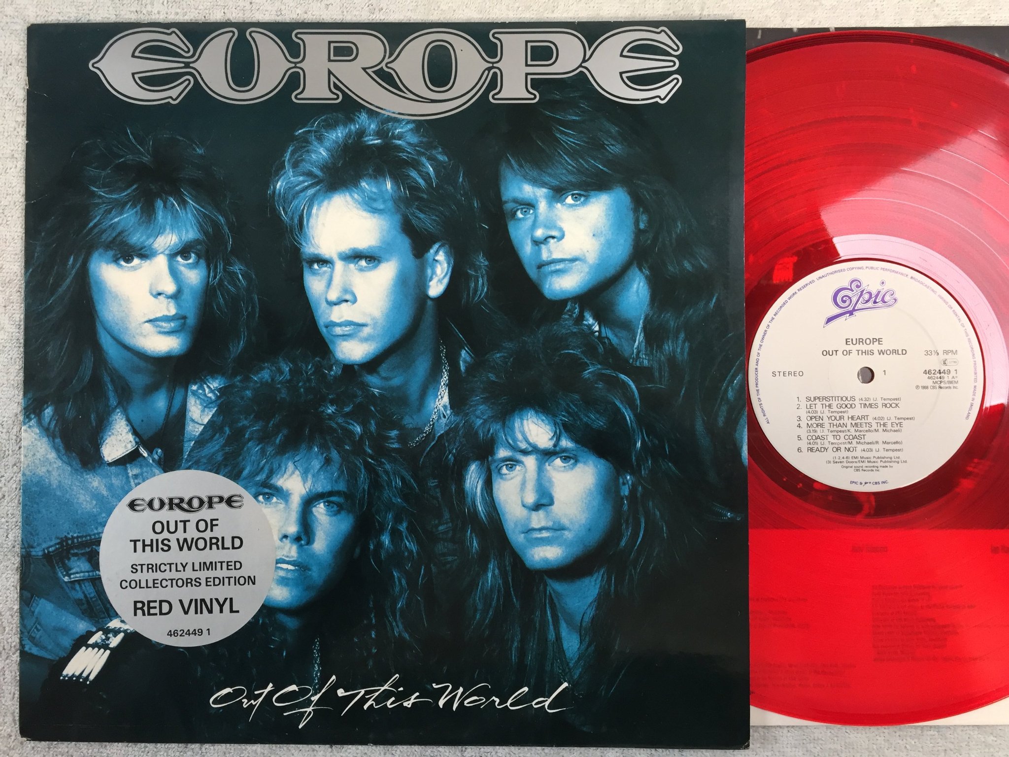 Omslagsbild för skivan EUROPE out of this world LP -88 UK EPIC 4624491 RARE RED VINYL