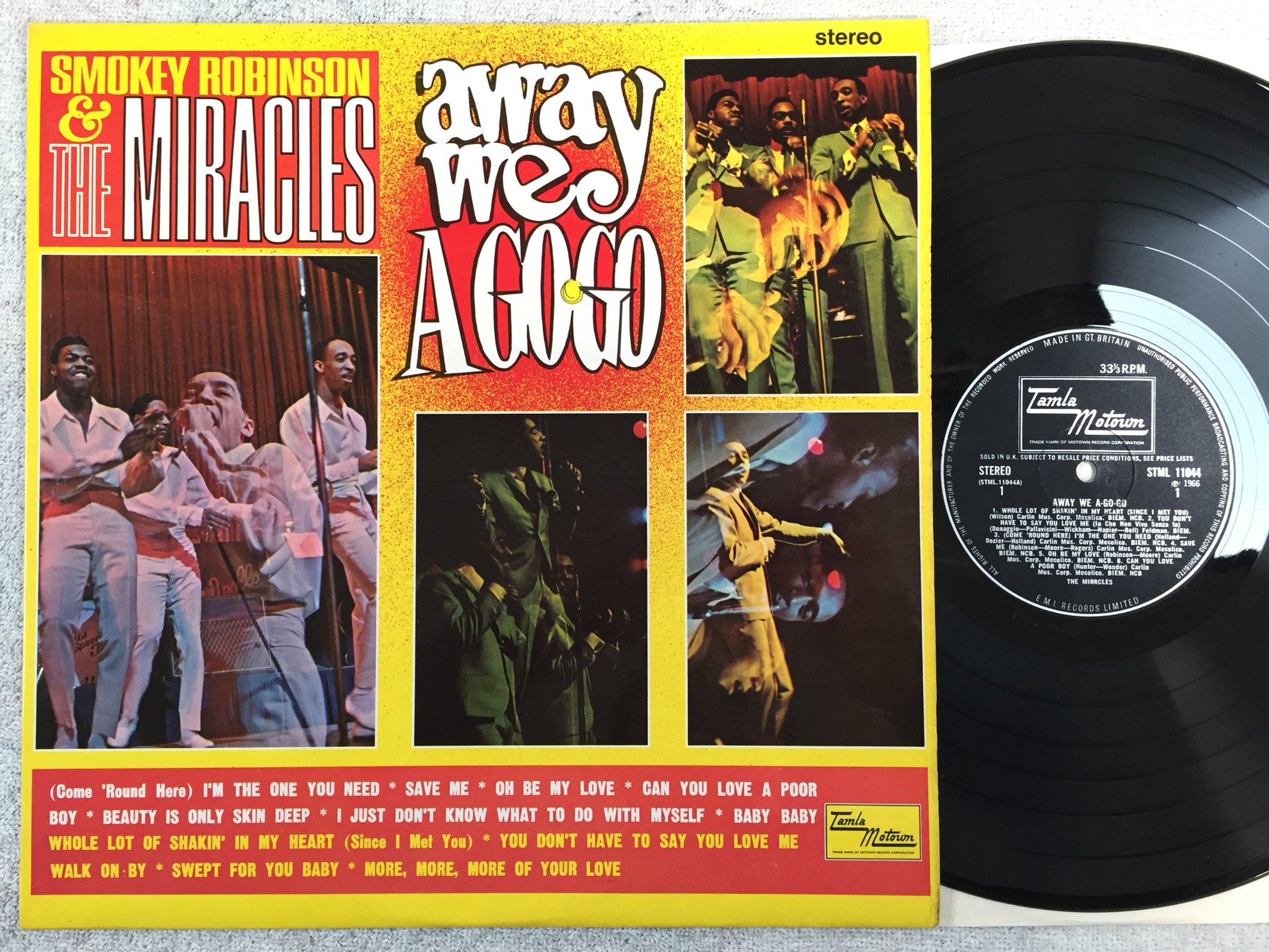 Omslagsbild för skivan THE MIRACLES away we a-go-go LP -66 UK TAMLA MOTOWN STML 11044