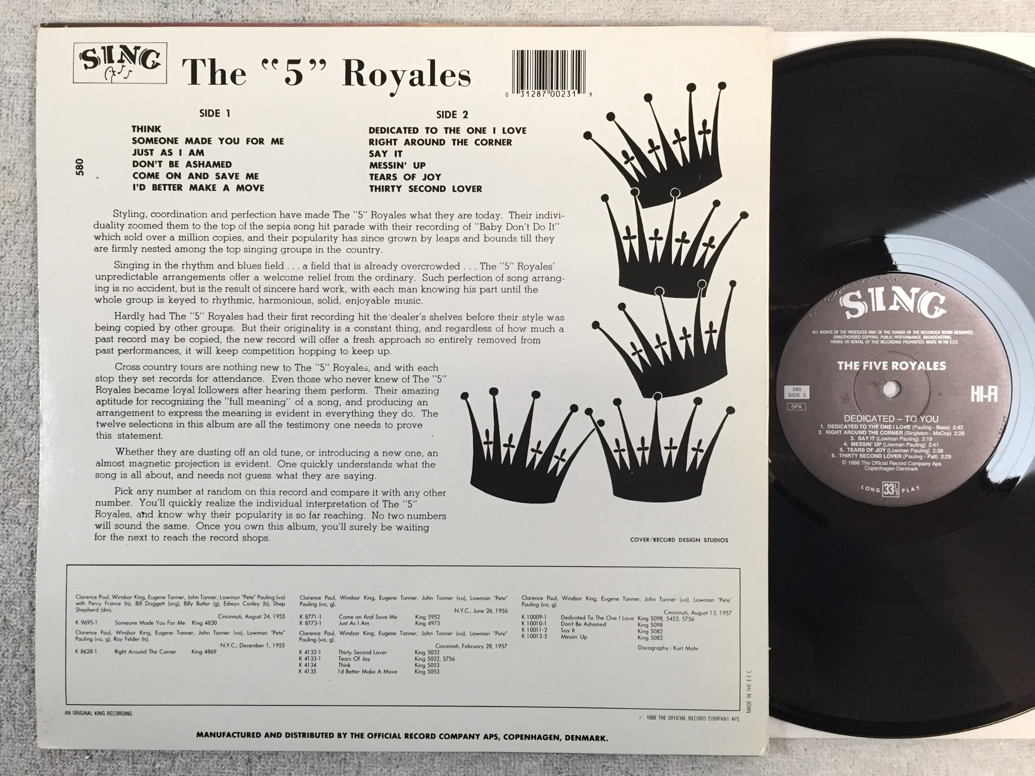 Omslagsbild för skivan THE FIVE ROYALS dedicated to you LP re SING 580 