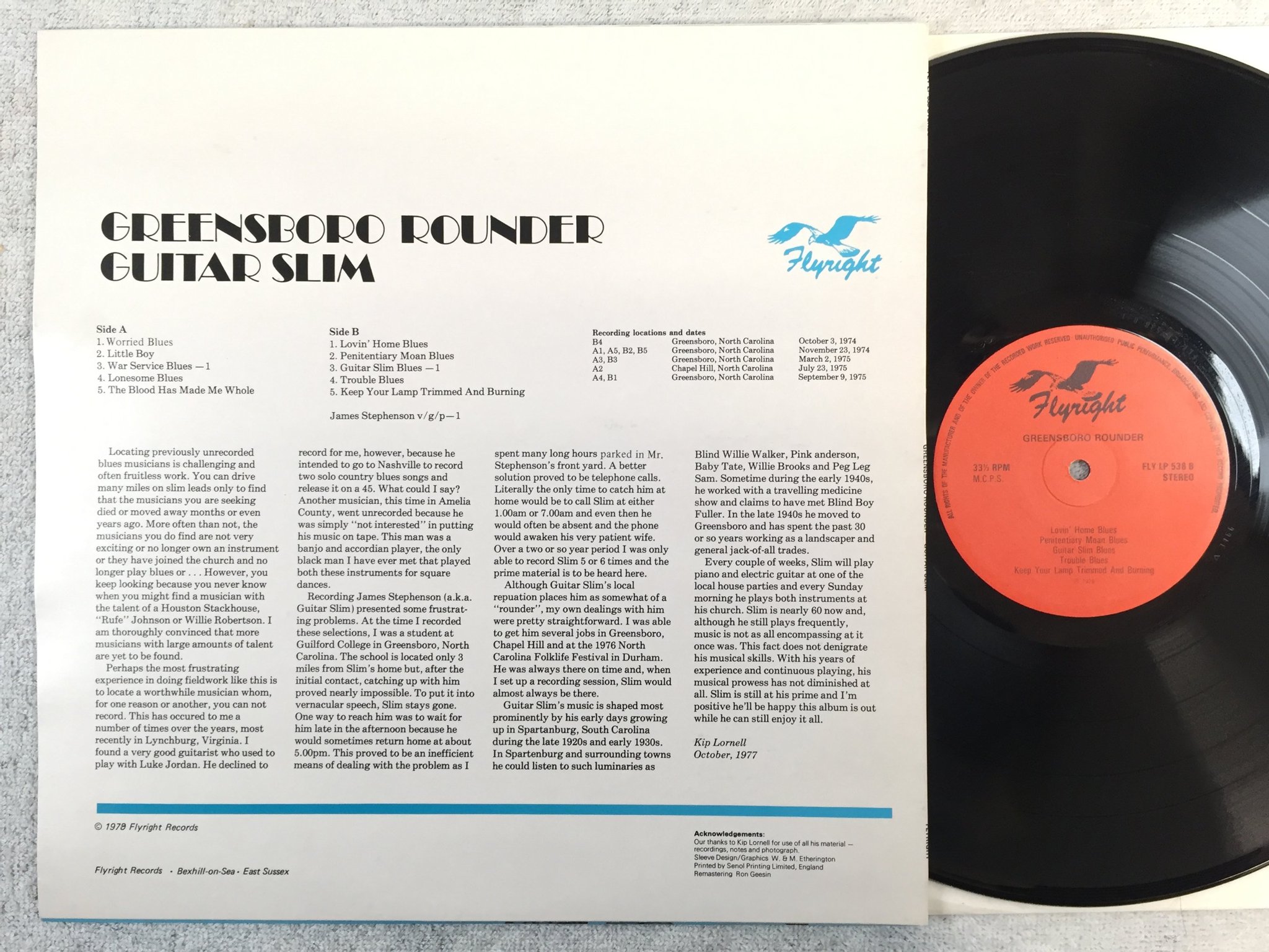 Omslagsbild för skivan GUITAR SLIM - GREENSBORO ROUNDER LP -78 UK FLY LP 538