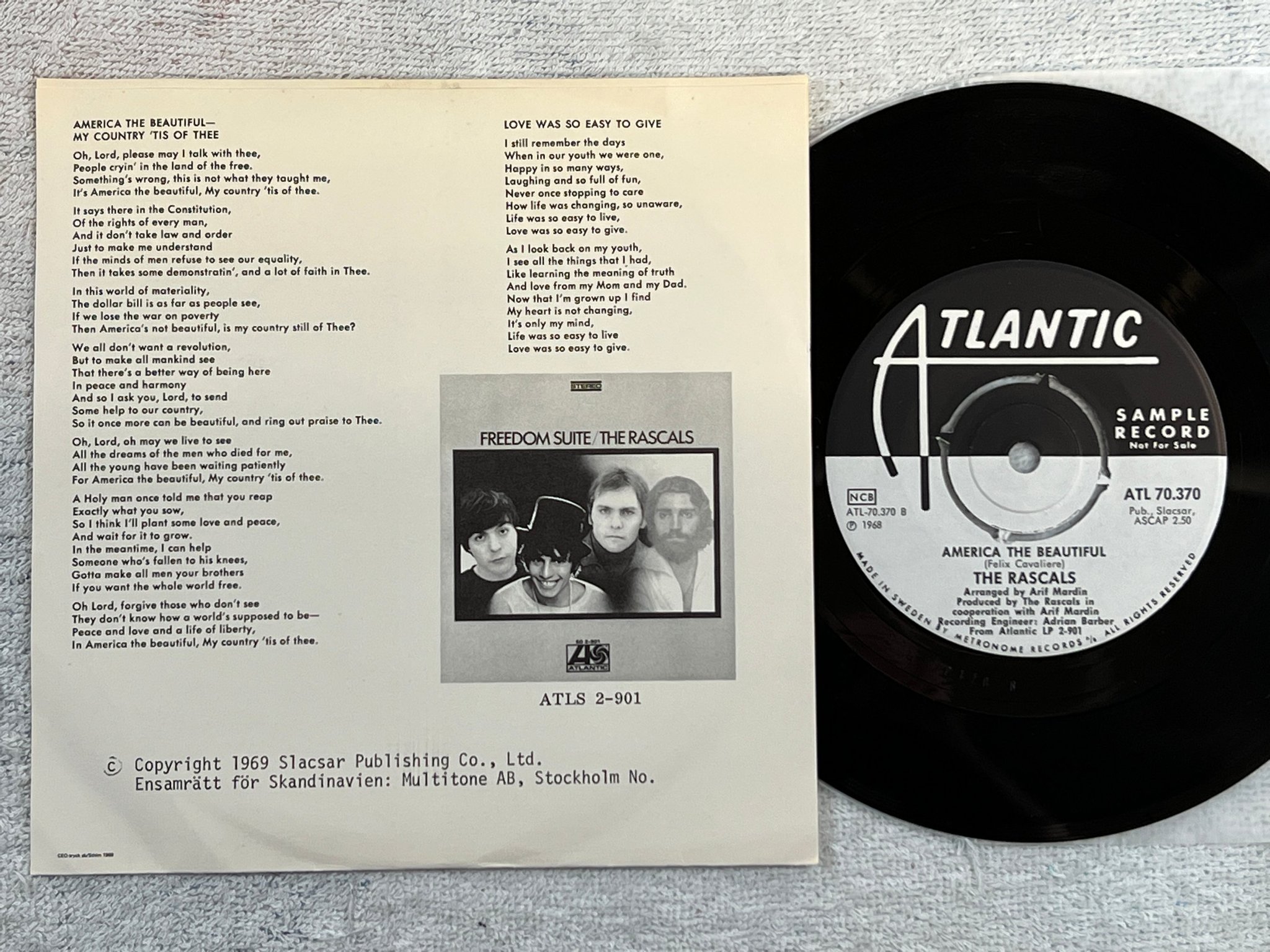 Omslagsbild för skivan THE RASCALS love was so easy to give 7”single -68  promo ATLANTIC ATL 70.370