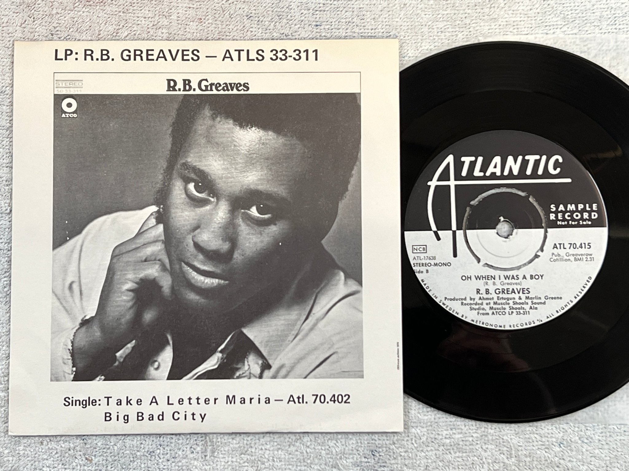 Omslagsbild för skivan R.B.GREAVES oh when I was a boy 7”single  She promo ATLANTIC ATL 70.415