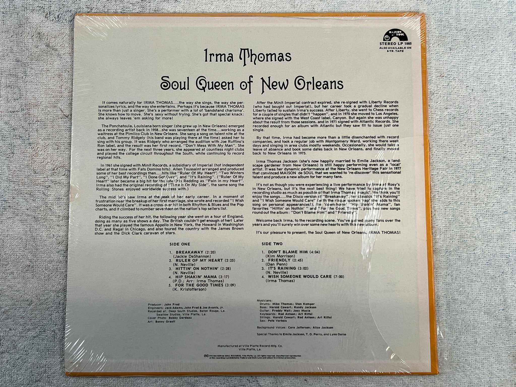 Omslagsbild för skivan IRMA THOMAS soul queen of New Orleans LP -78 US MAISON DE SOUL still sealed 