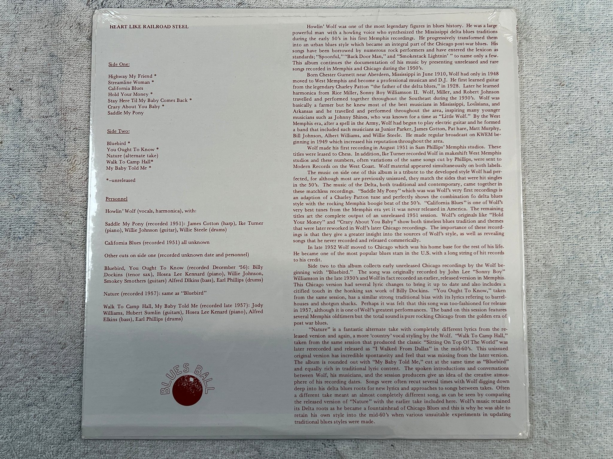 Omslagsbild för skivan HOWLIN WOLF heart like railroad steel LP -79 US BLUES BALL 2001 still sealed