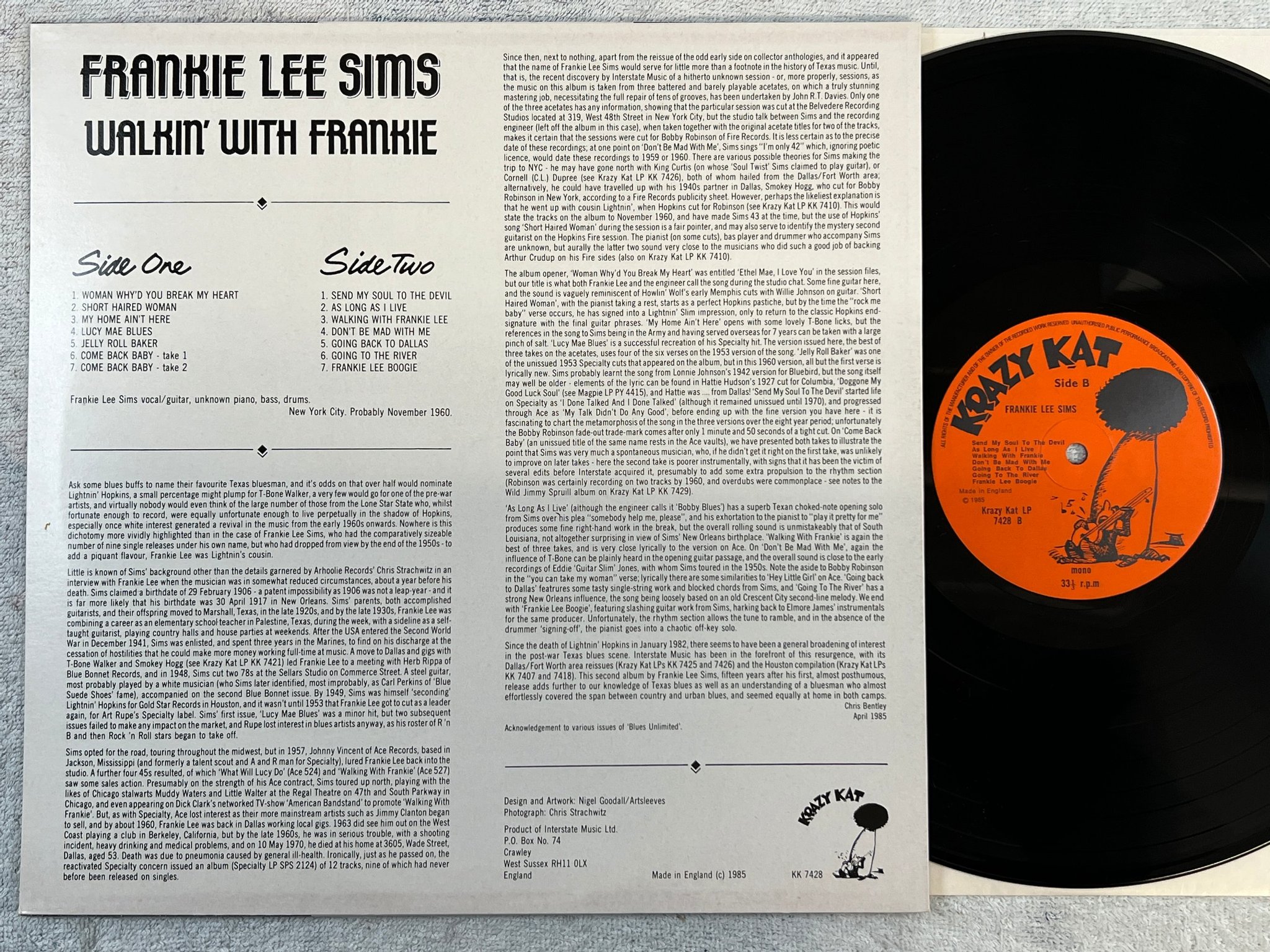 Omslagsbild för skivan FRANKIE LEE SIMS Walkin' With Frankie LP -85 UK KRAZY KAT KK 7428 TEXAS BLUES