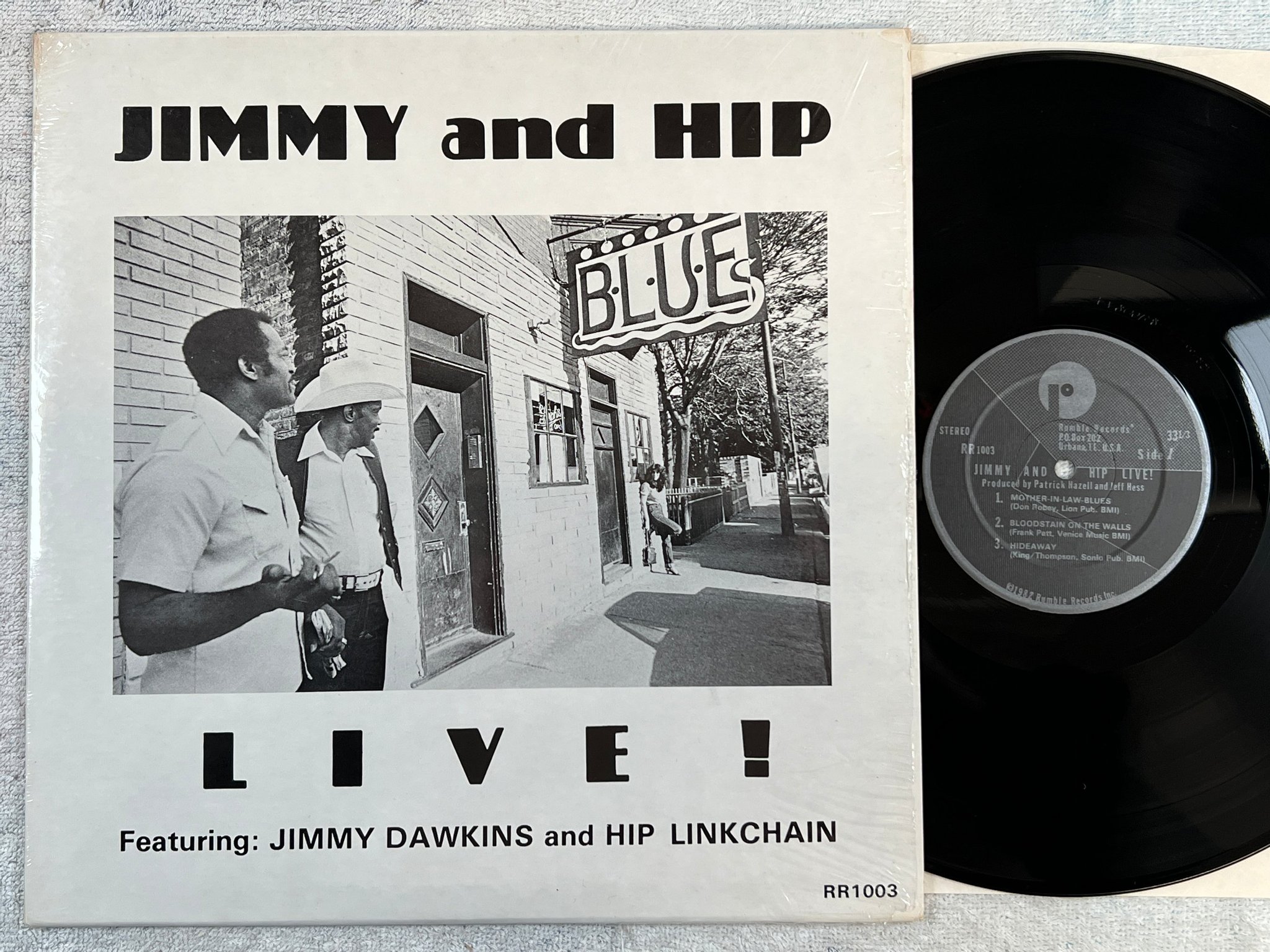 Omslagsbild för skivan JIMMY AND HIP live! LP -82 US RUMBLE RR1003 Chicago blues