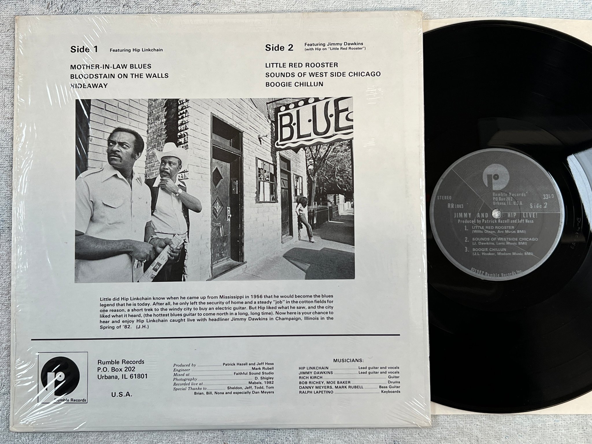 Omslagsbild för skivan JIMMY AND HIP live! LP -82 US RUMBLE RR1003 Chicago blues