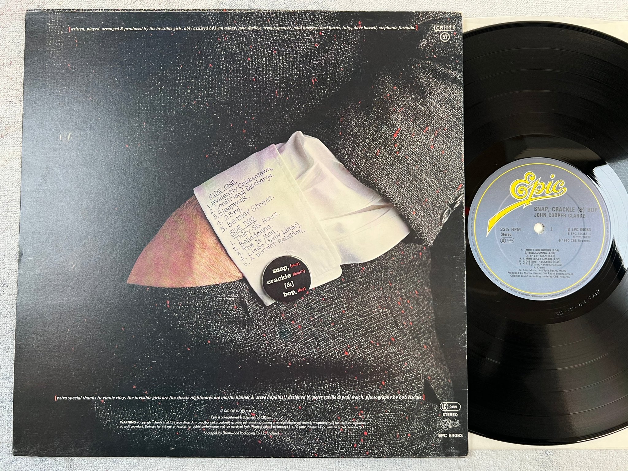 Omslagsbild för skivan JOHN COOPER CLARKE Snap, Crackle & Bop LP -80 UK EPIC EPC 84083