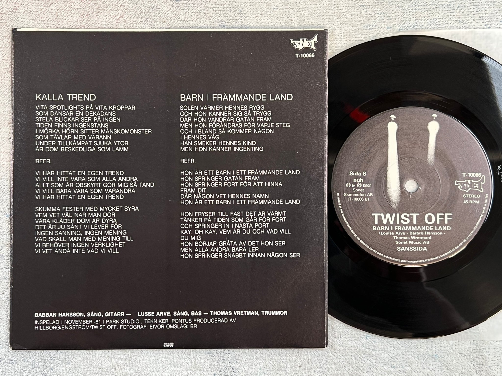 Omslagsbild för skivan TWIST OFF  Kalla Trend 7”single -82 Swe SONET T-10066 power pop