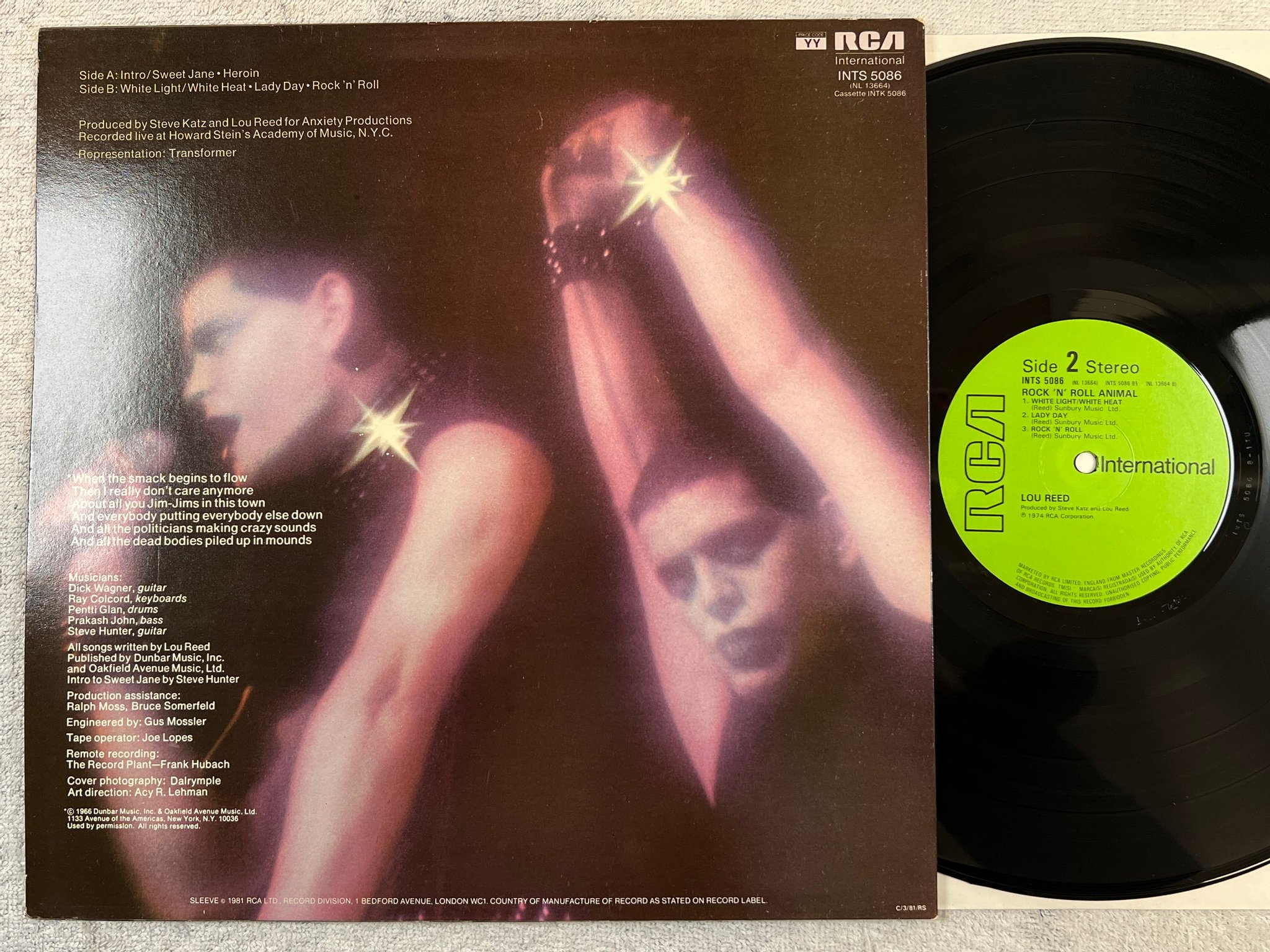 Omslagsbild för skivan LOU REED rock n’ roll animal LP UK RCA INTERNATIONAL INTS 5086