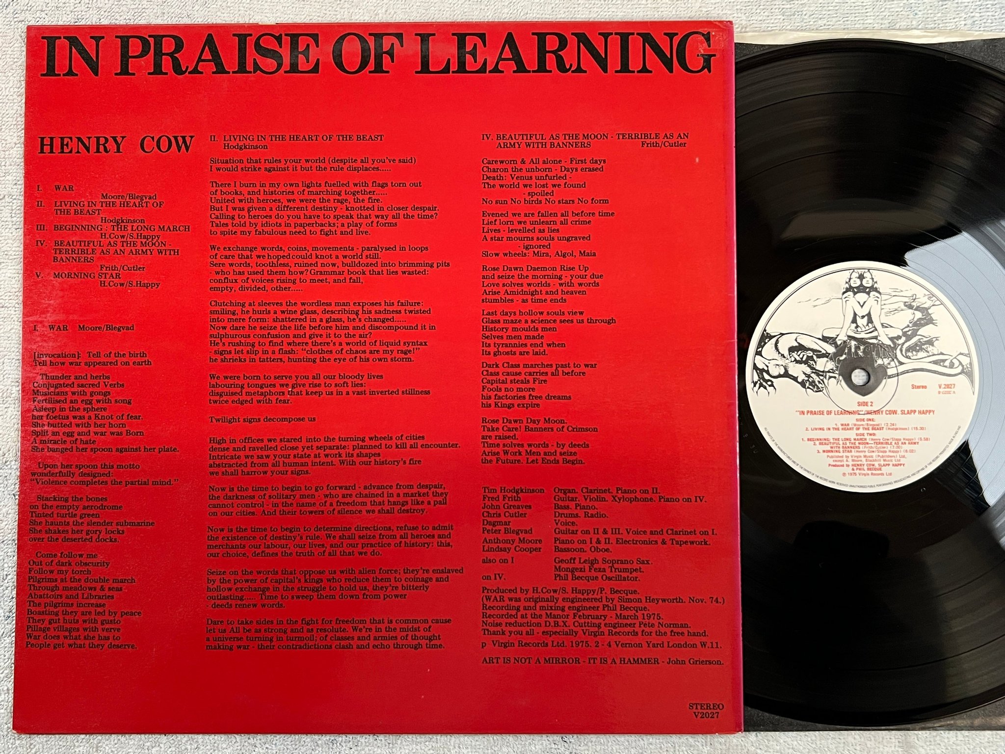 Omslagsbild för skivan HENRY COW / SLAPP HAPPY in Praise Of Learning LP -75 UK VIRGIN V 2027 art rock