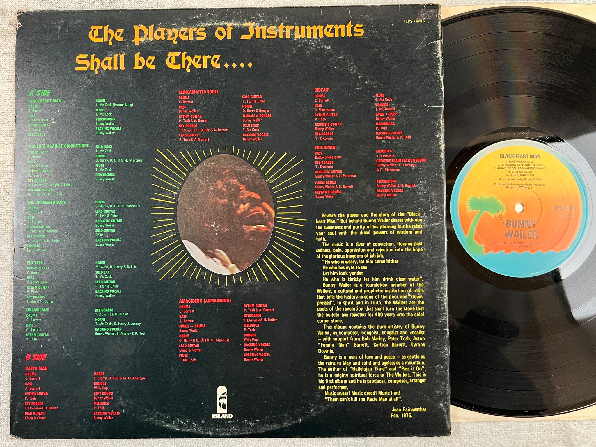 Omslagsbild för skivan BUNNY WAILER blackheart man LP -76 UK ISLAND 9415