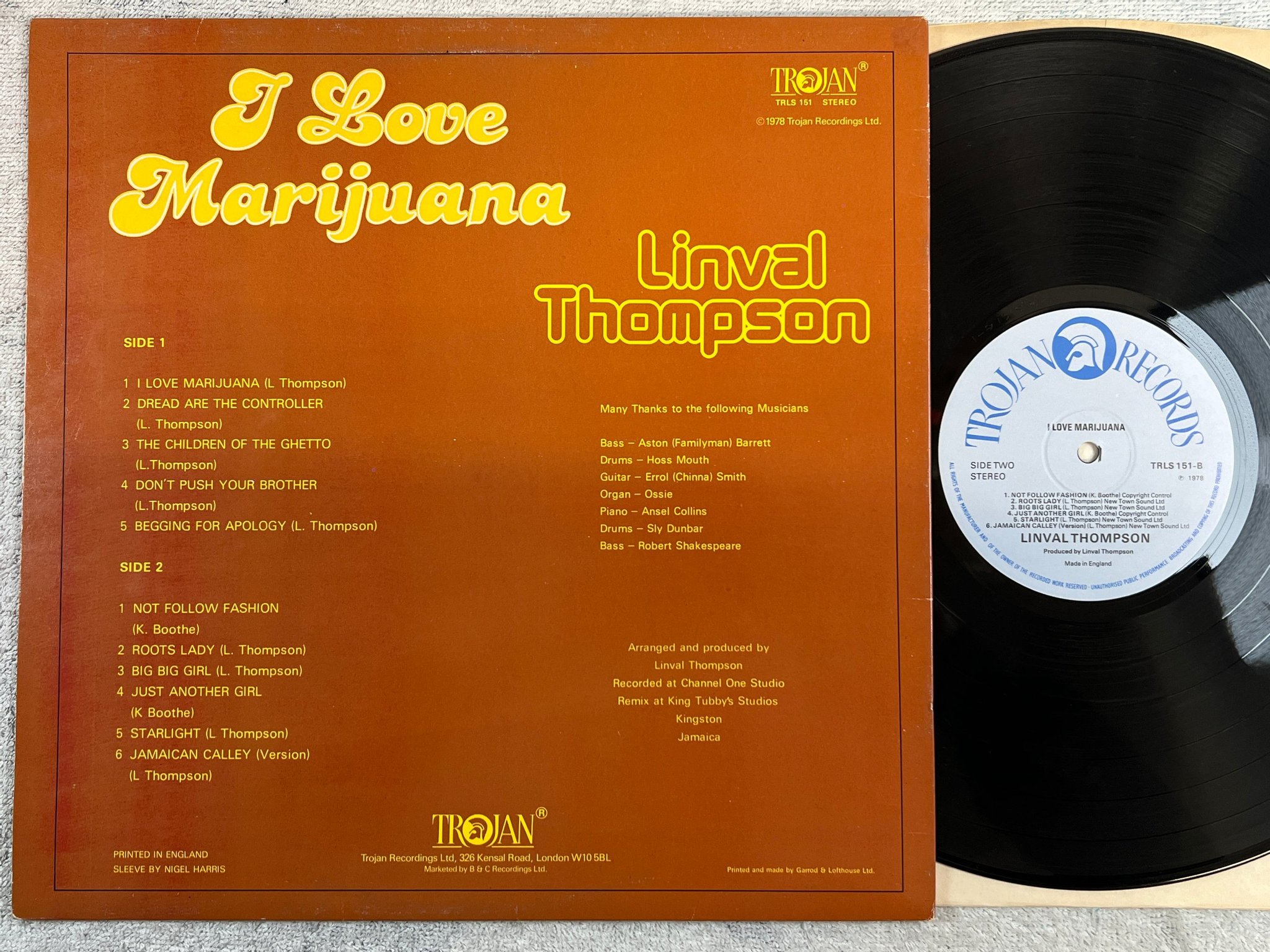 Omslagsbild för skivan LINVAL THOMPSON I love marijuana LP -78 UK TROJAN TRLS 151