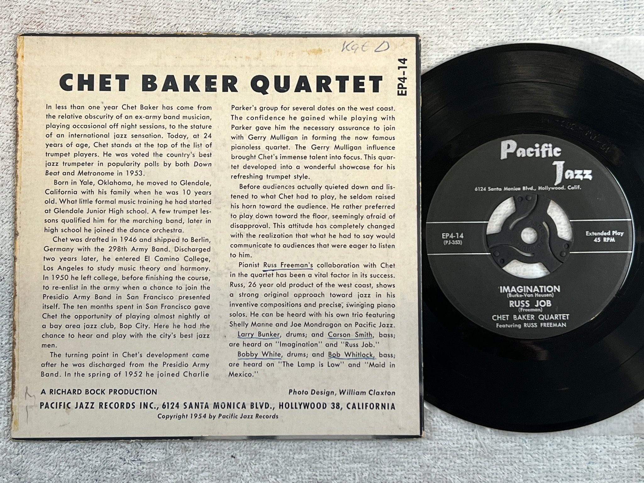 Omslagsbild för skivan CHET BAKER QUARTET s/t 7”ep US PACIFIC JAZZ EP4-14 