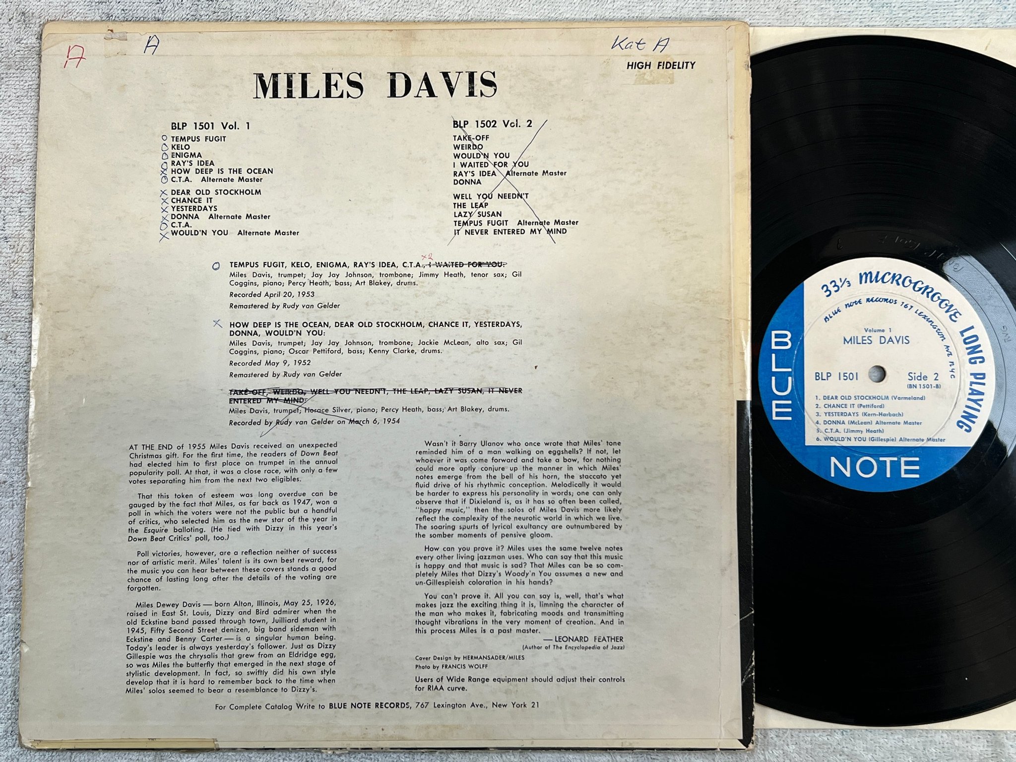 Omslagsbild för skivan MILES DAVIS vol 1 LP -55 BLUE NOTE BLP 1501 Lexington