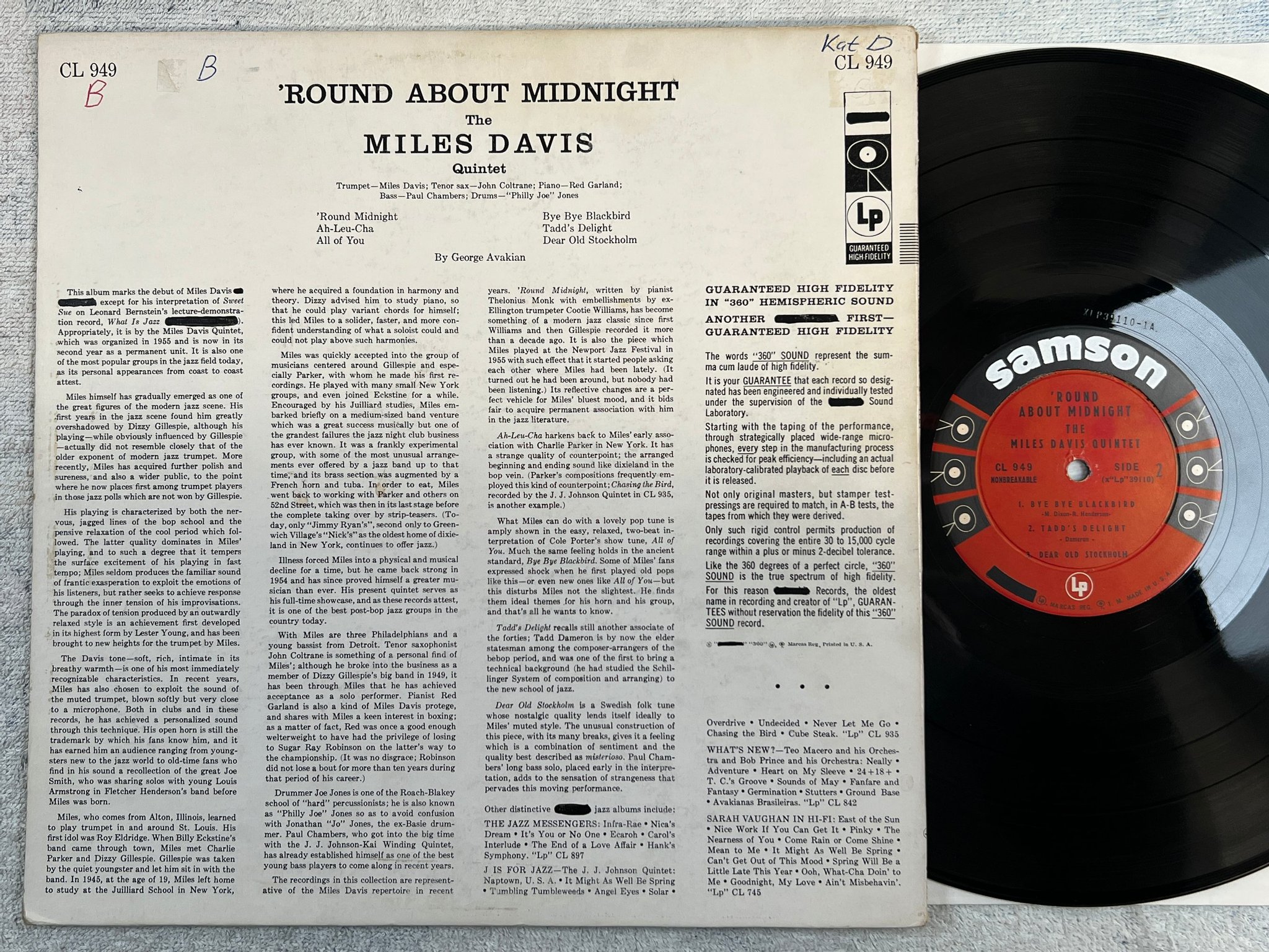 Omslagsbild för skivan MILES DAVIS QUINTET ’round about midnight LP -57 US SIX EYED mono CL 949